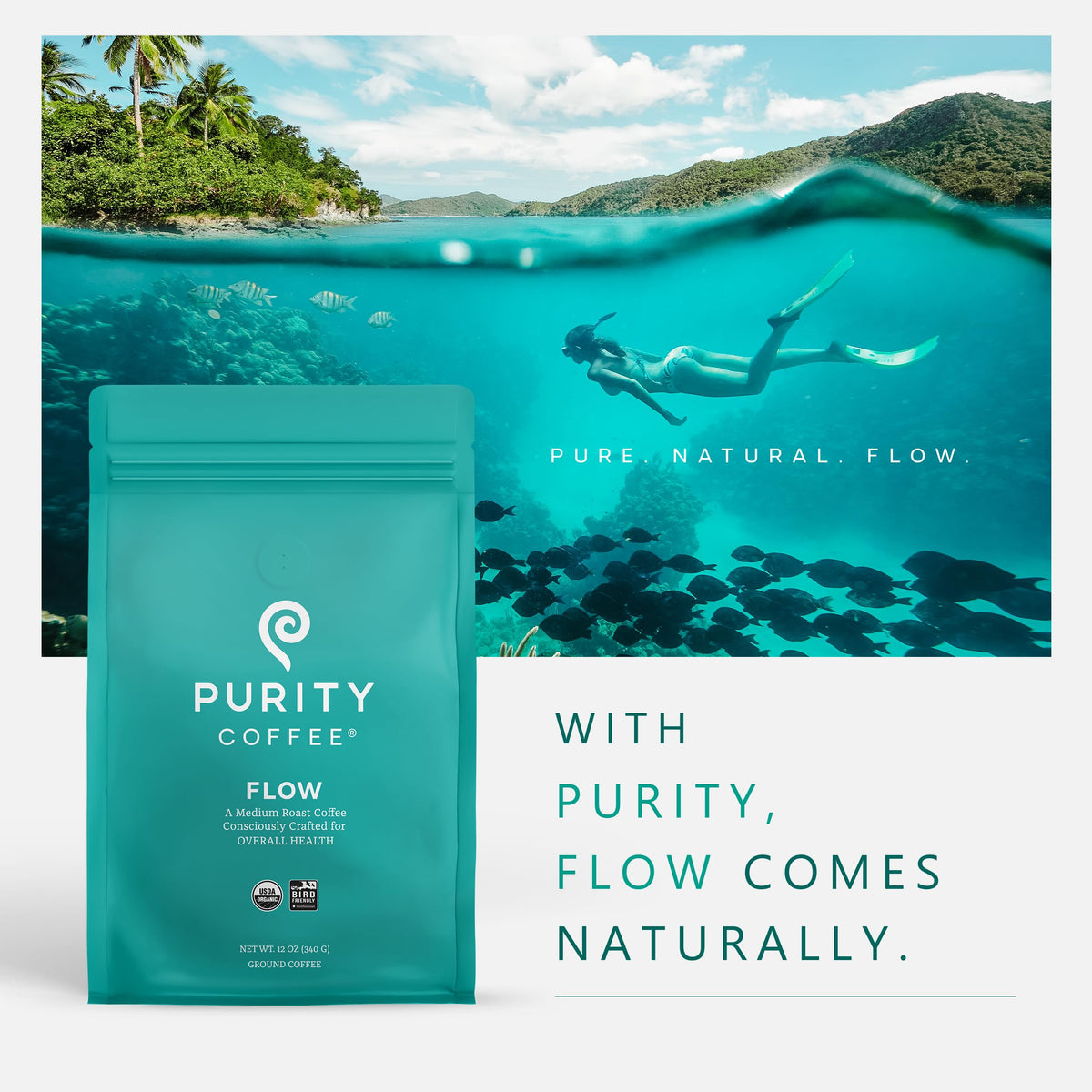 Purity Coffee FLOW Original Medium Roast Ground (12oz) – USDA Organic, Third-Party Tested