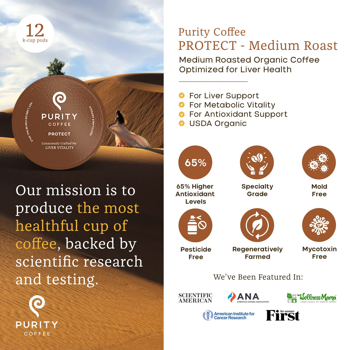Purity Coffee PROTECT K Pod Capsules 12ct – High-Antioxidant USDA Organic Arabica, Lab-Tested