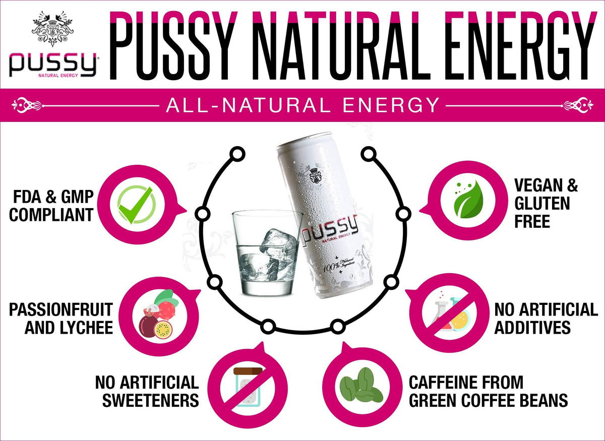 Pussy Natural Energy Drink 12 Pack – 12 x 8.4 oz Cans, 100% Natural Ingredients