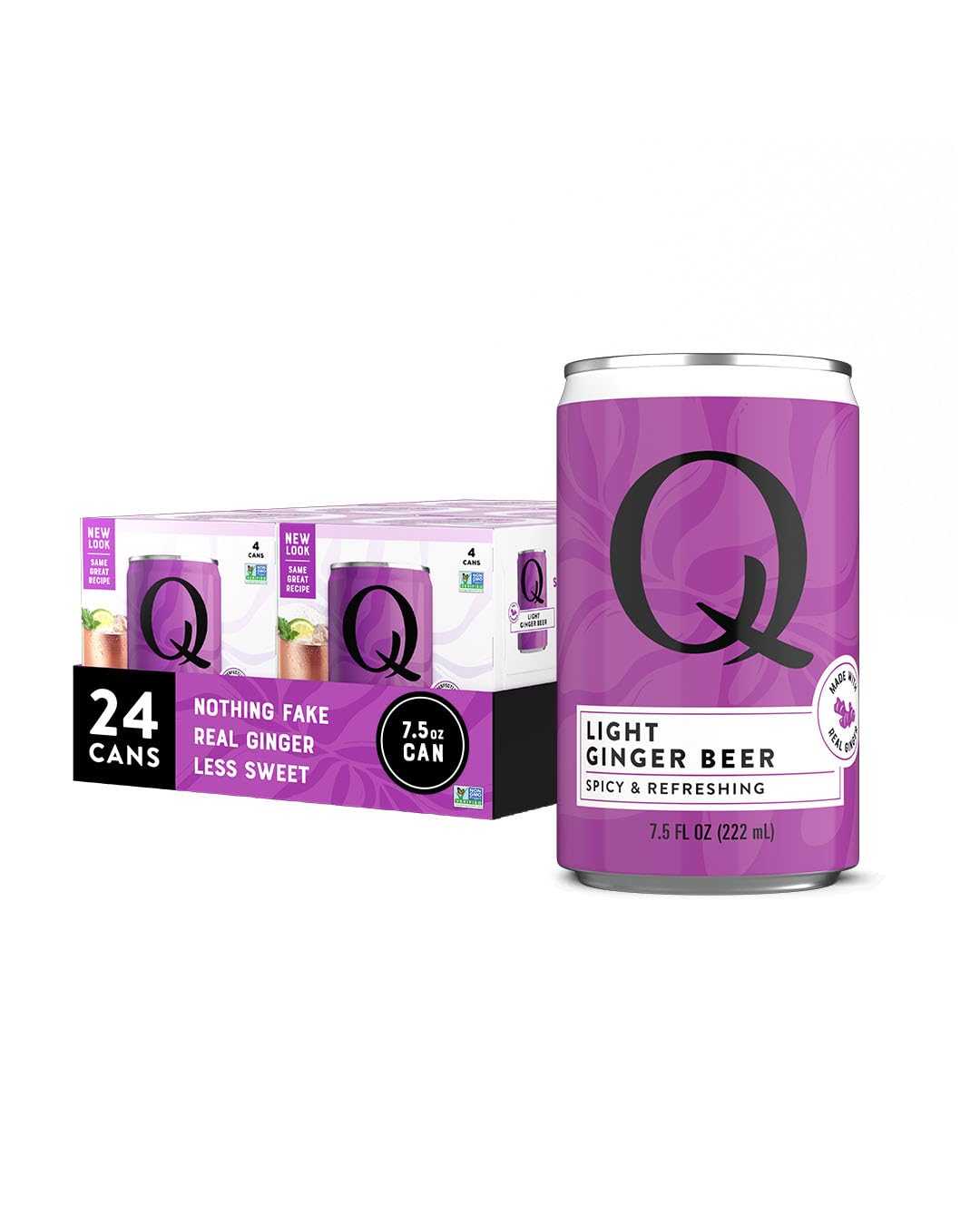 Q LIGHT GINGER BEER with Real Ginger & Organic Agave — Less Sweet, More Fizz | 40 Calories per Can | 7.5 Fl oz (Pack of 24)
