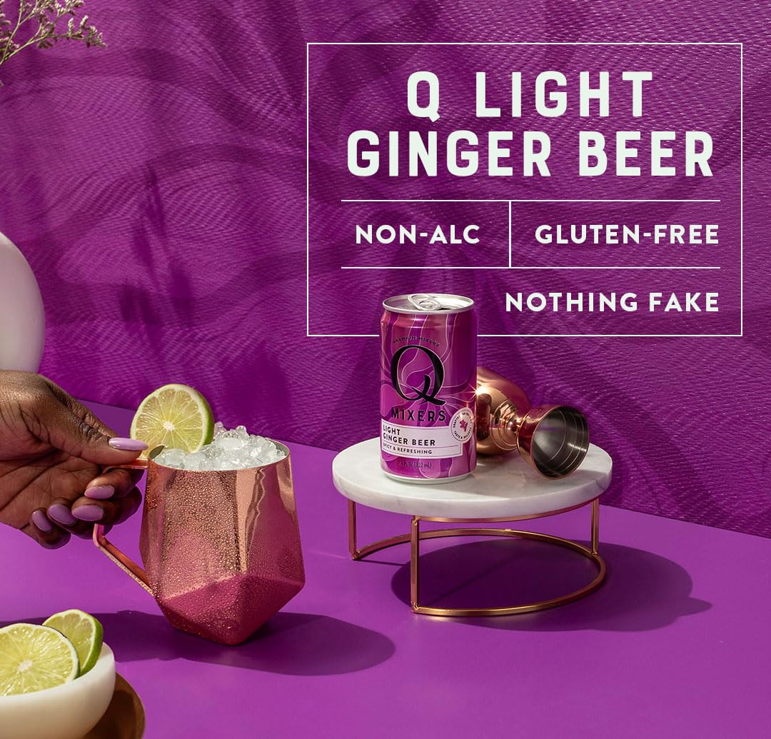 Q LIGHT GINGER BEER with Real Ginger & Organic Agave — Less Sweet, More Fizz | 40 Calories per Can | 7.5 Fl oz (Pack of 24)