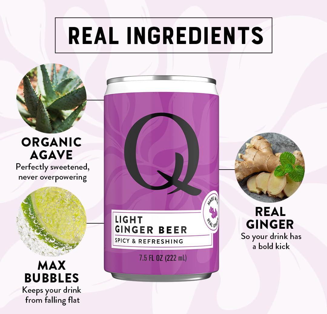 Q LIGHT GINGER BEER with Real Ginger & Organic Agave — Less Sweet, More Fizz | 40 Calories per Can | 7.5 Fl oz (Pack of 24)