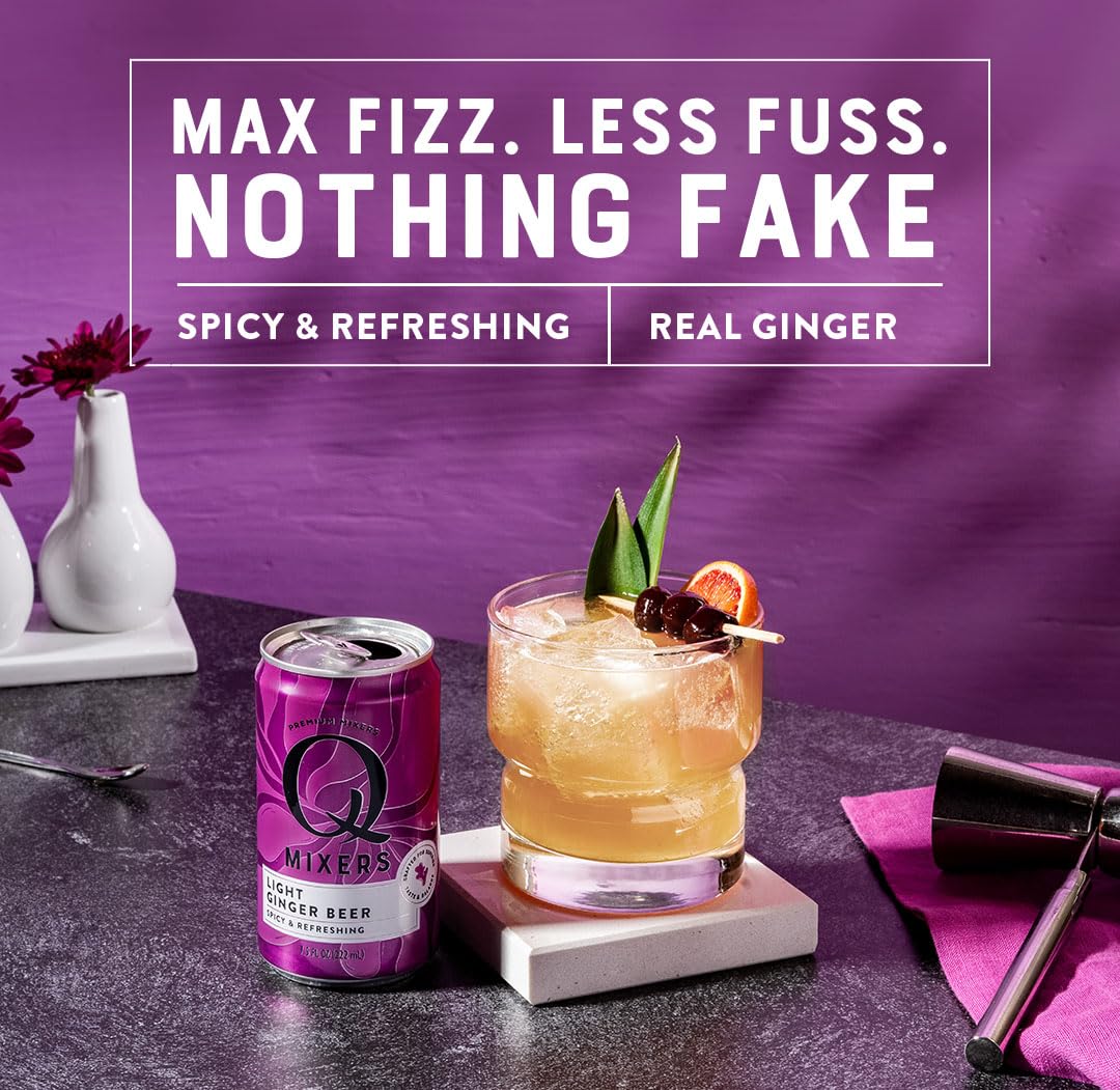 Q LIGHT GINGER BEER with Real Ginger & Organic Agave — Less Sweet, More Fizz | 40 Calories per Can | 7.5 Fl oz (Pack of 24)