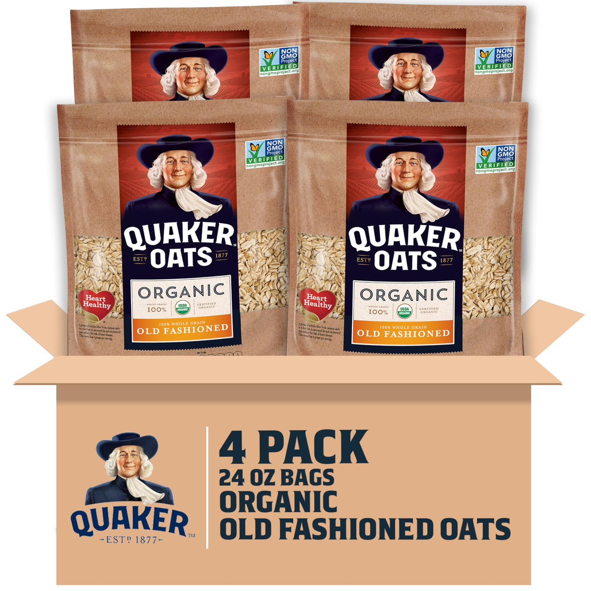 Quaker Organic Old Fashioned Oats – 4x24oz Resealable Bags | USDA Organic, Non-GMO