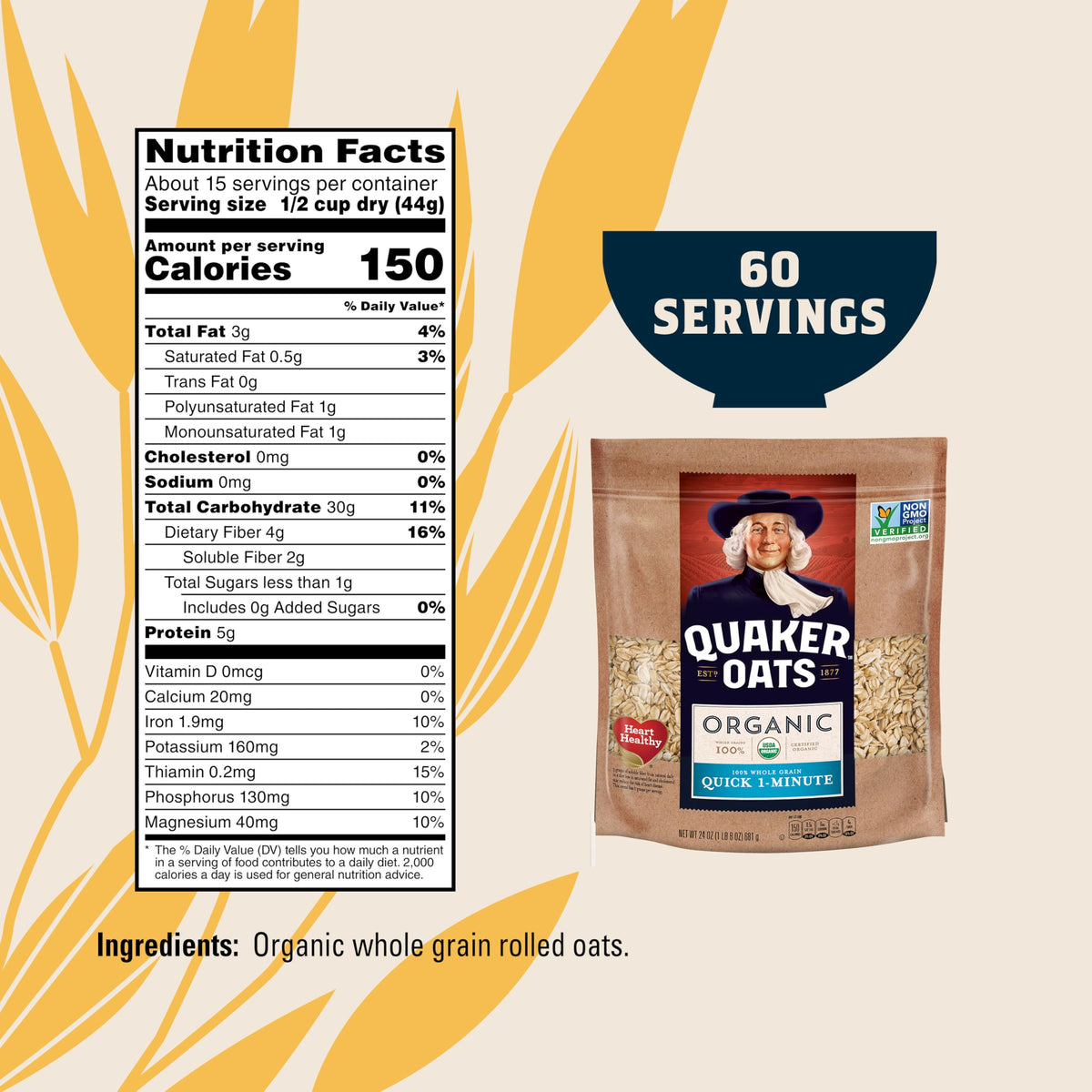 Quaker Organic Quick Cook Oatmeal – 24 oz x 4 Pack | Non-GMO & USDA Organic