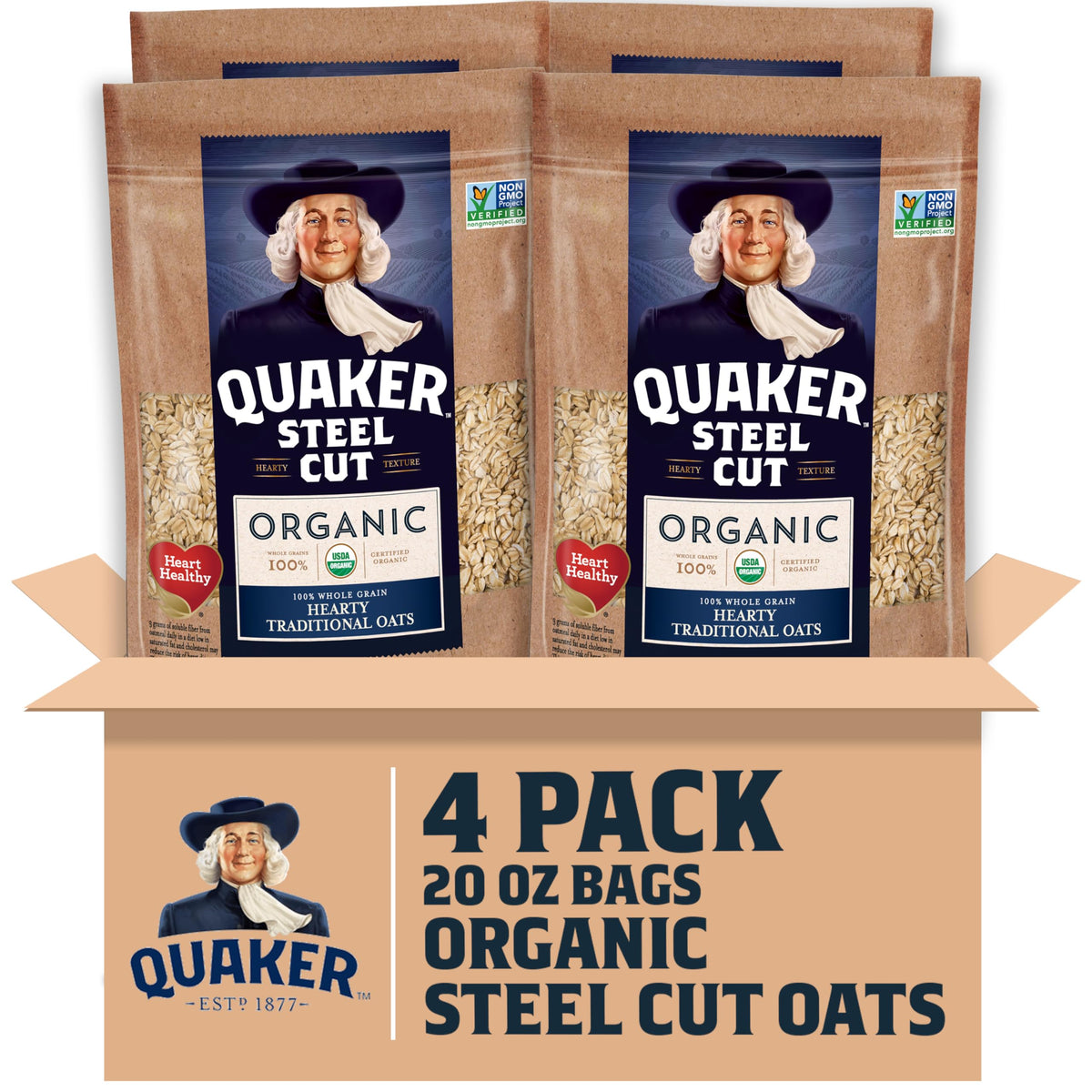 Quaker Organic Steel Cut Oats – 4x20oz Resealable Bags | Non-GMO Verified