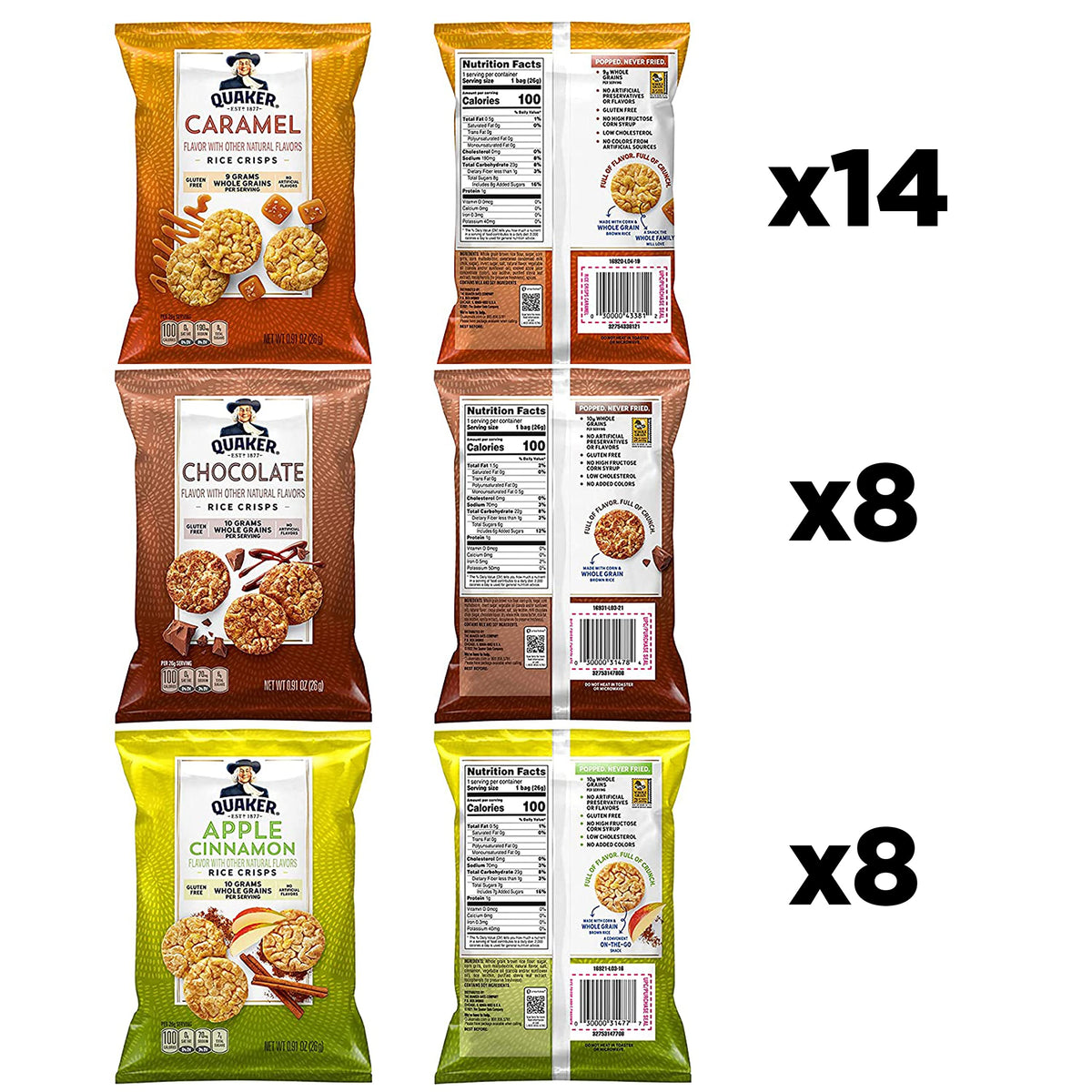 Quaker Rice Crisps Gluten Free 3-Flavor Sweet Variety Mix, 30 Pack (0.91oz Bags)