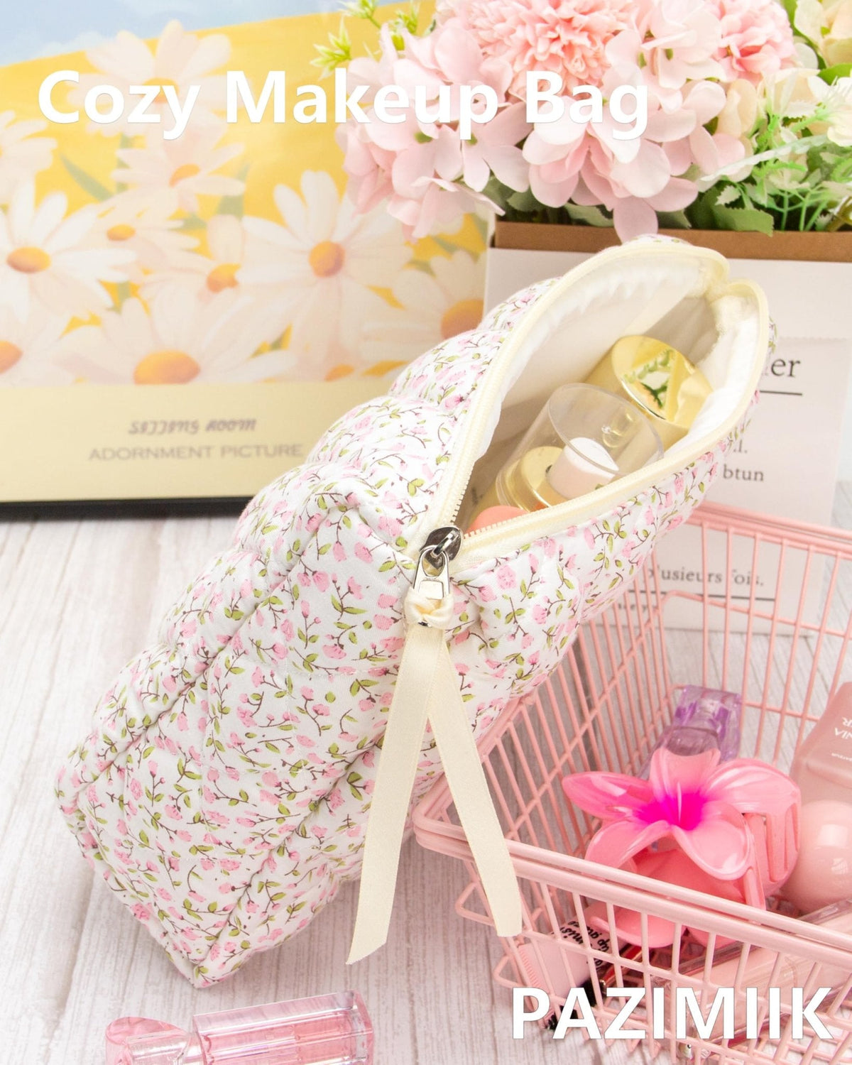 Quilted Makeup Pouch for Women, Travel Cosmetic&Toiletry Bag,Floral Pink