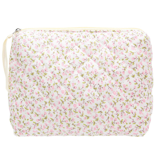 Quilted Makeup Pouch for Women, Travel Cosmetic&Toiletry Bag,Floral Pink