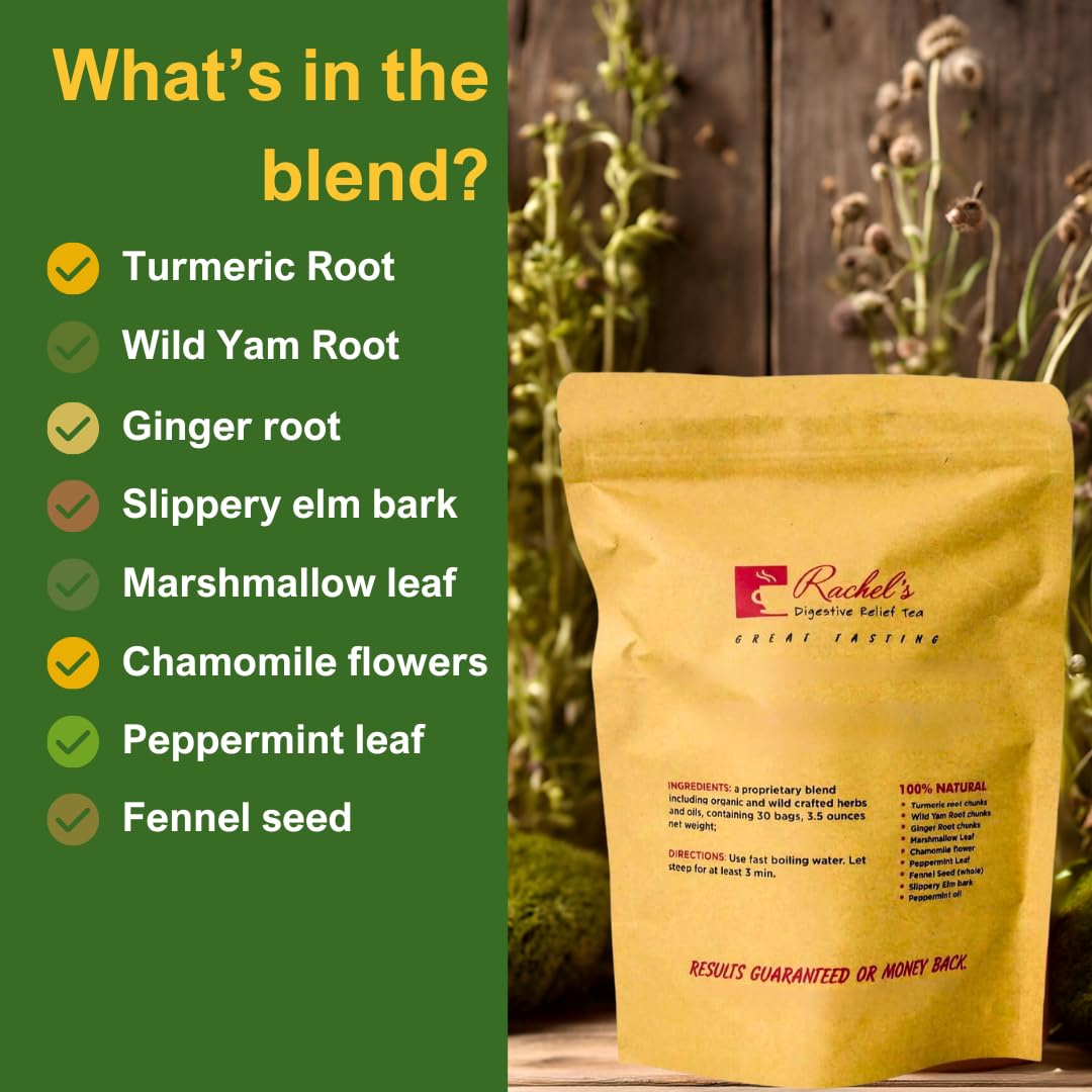 Rachel's Tea Digestive Relief: 8-Herb Herbal Tea, Caffeine-Free, 30 Bags (60 Cups) | Rachelstea