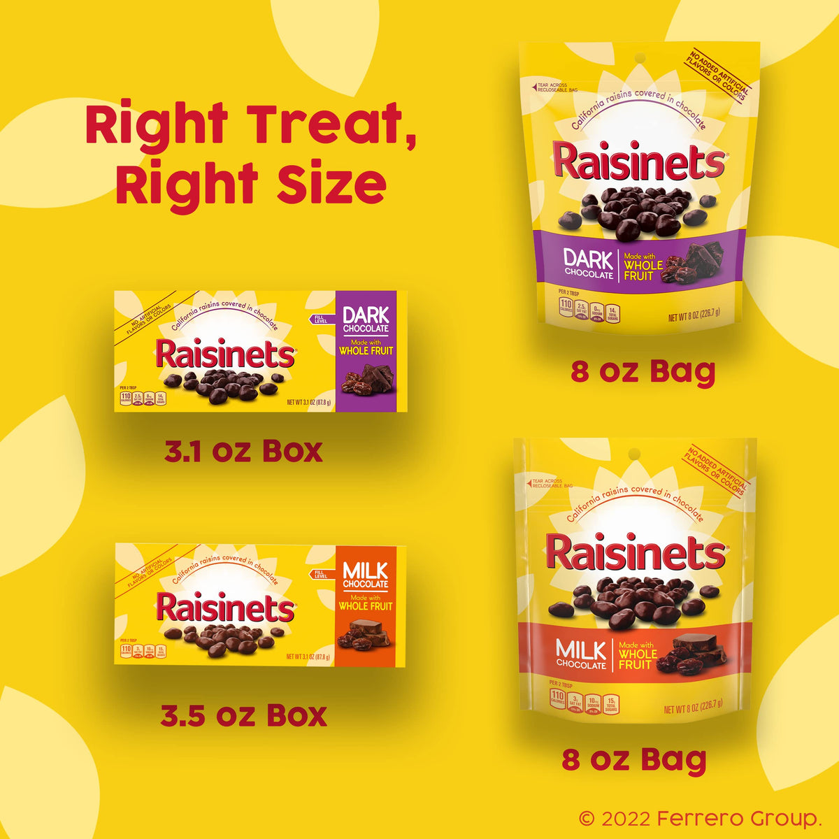 Raisinets Dark Chocolate Covered California Raisins, 8 oz Resealable Bag, Bulk 8-Pack