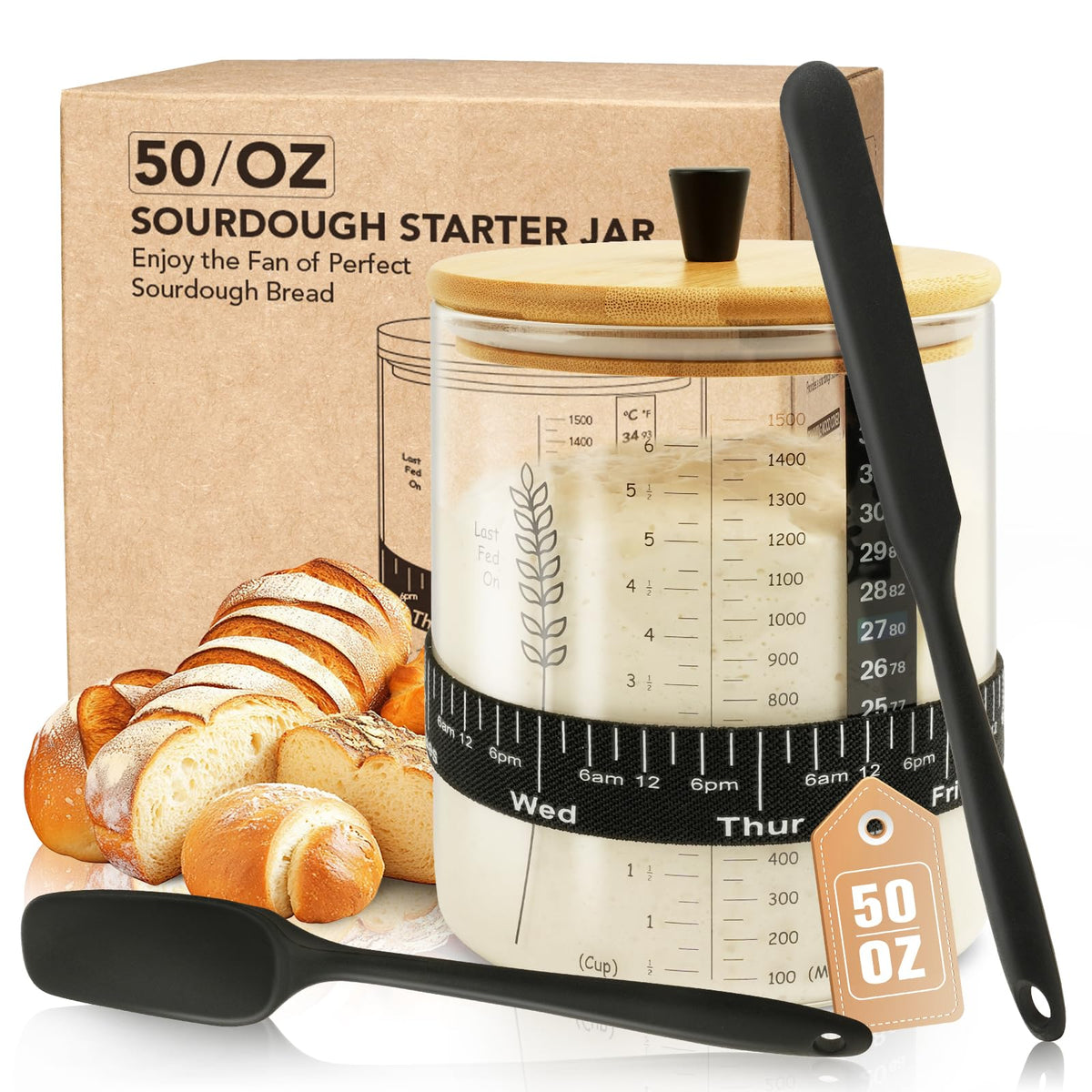 Rakovar 50oz Sourdough Starter Jar Kit | Wide-Mouth Glass Container for Sourdough Baking