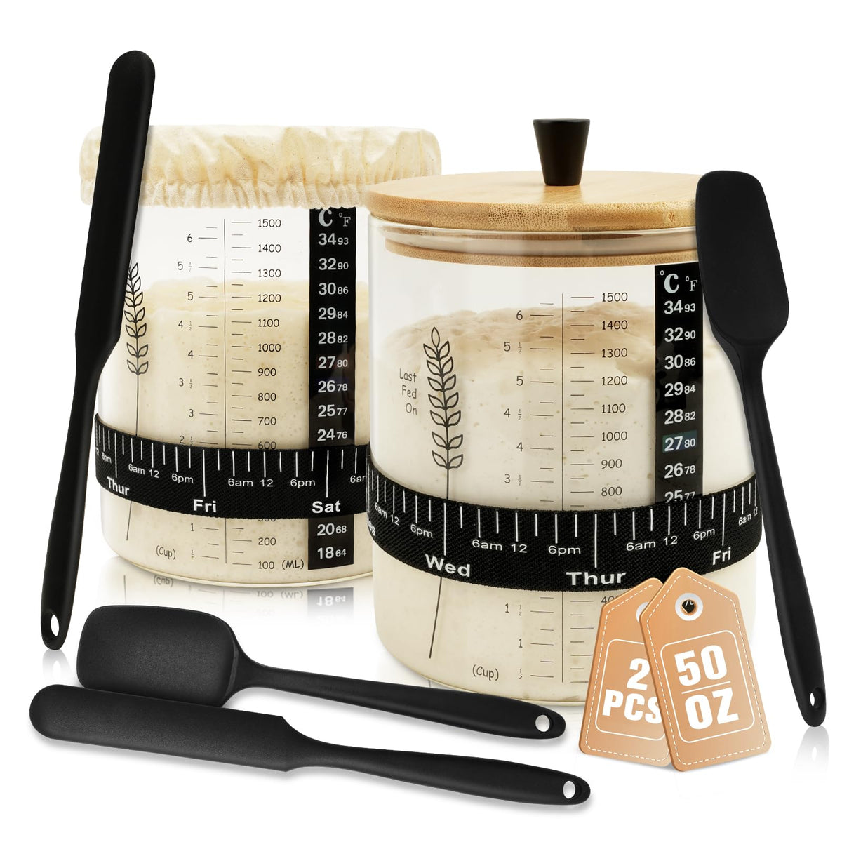 Rakovar 50oz Sourdough Starter Jar Kit – Wide Mouth, All-Inclusive Sourdough Starter Kit (2 Pack)