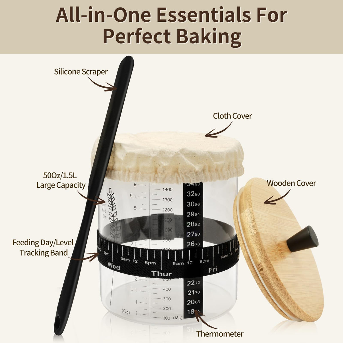 Rakovar 50oz Sourdough Starter Jar – Wide Mouth, 2-Pack Kit with Lid, Band, Date Tracker, and Thermometer