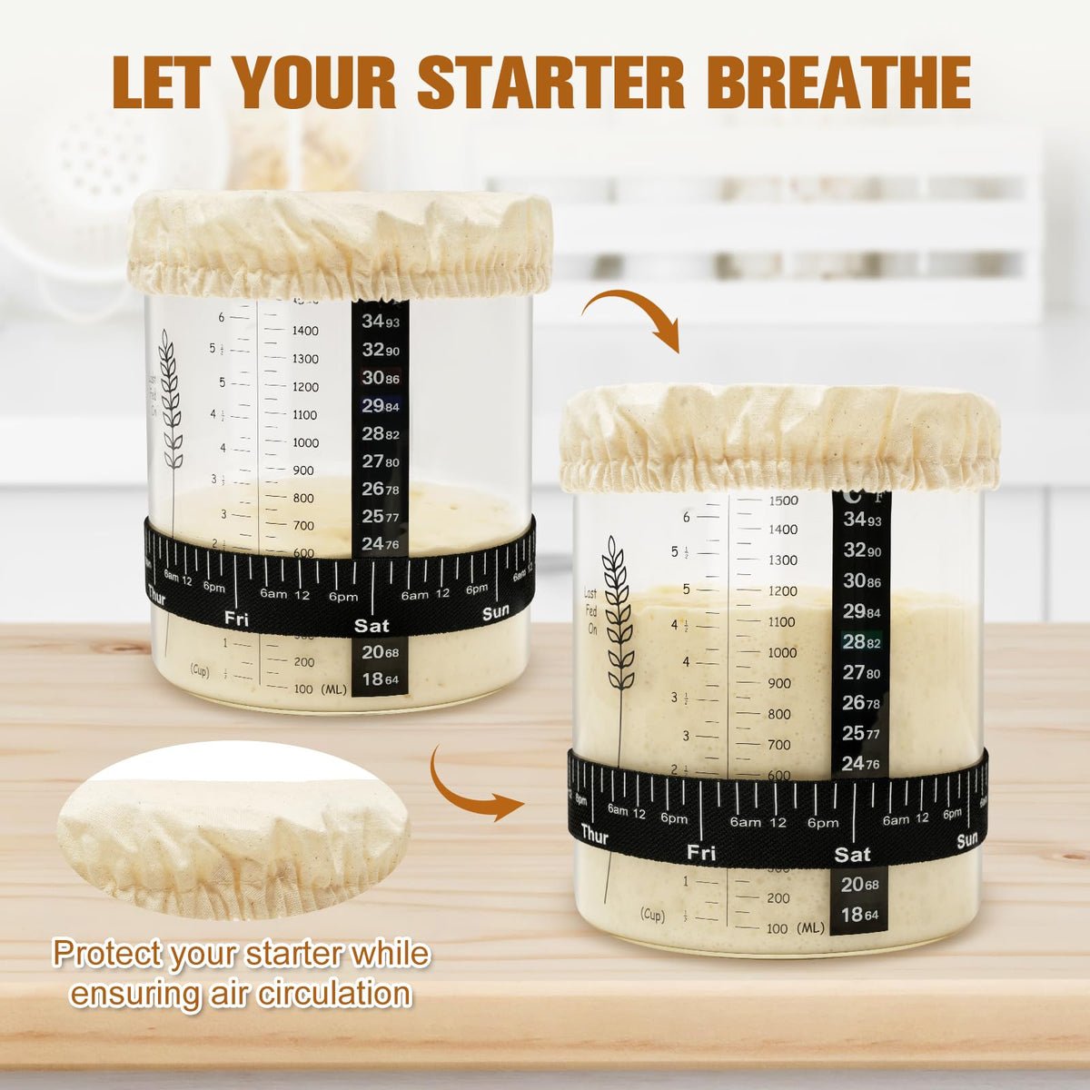 Rakovar 50oz Sourdough Starter Jar Kit – Wide Mouth, All-Inclusive Sourdough Starter Kit (2 Pack)