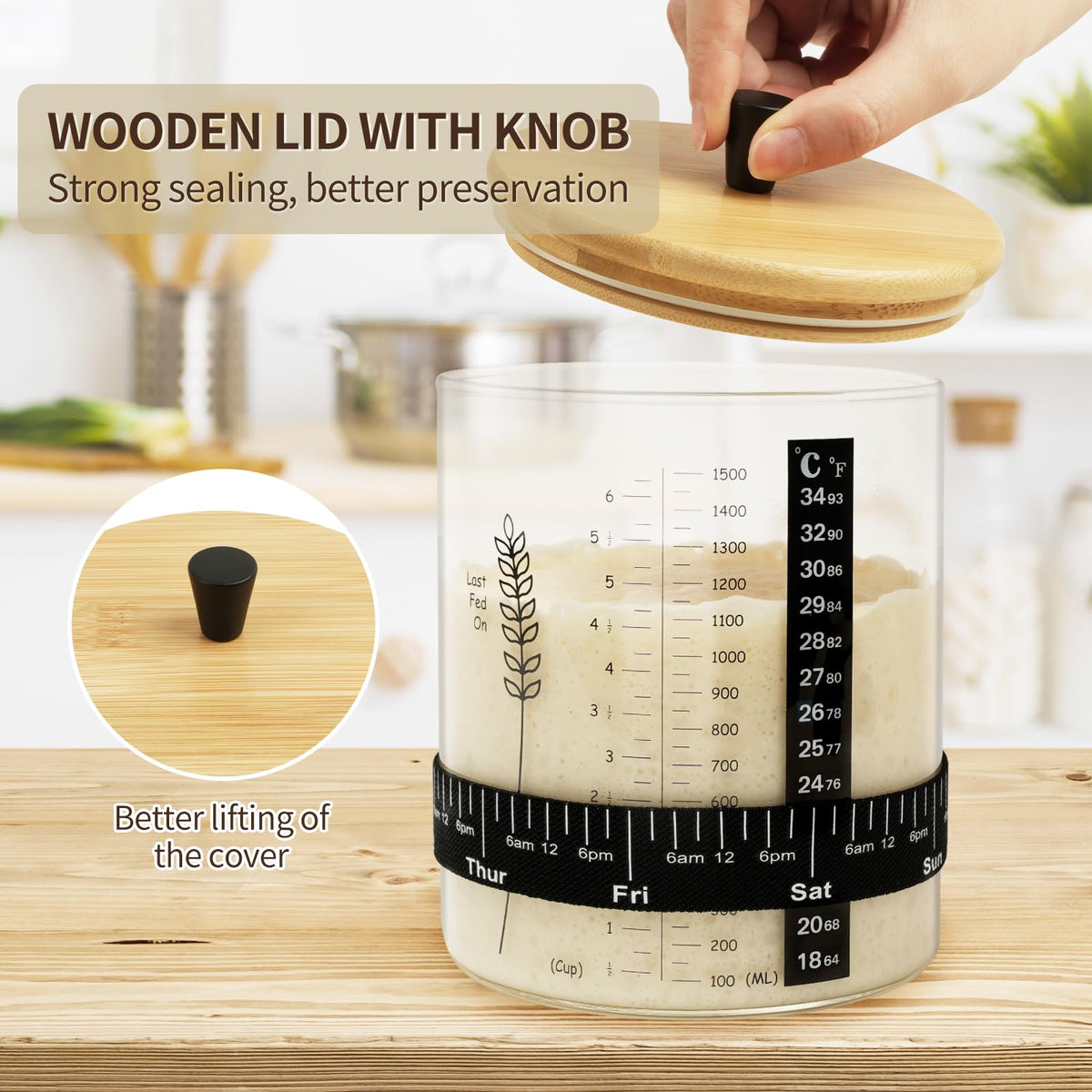 Rakovar 50oz Sourdough Starter Jar – Wide Mouth, 2-Pack Kit with Lid, Band, Date Tracker, and Thermometer