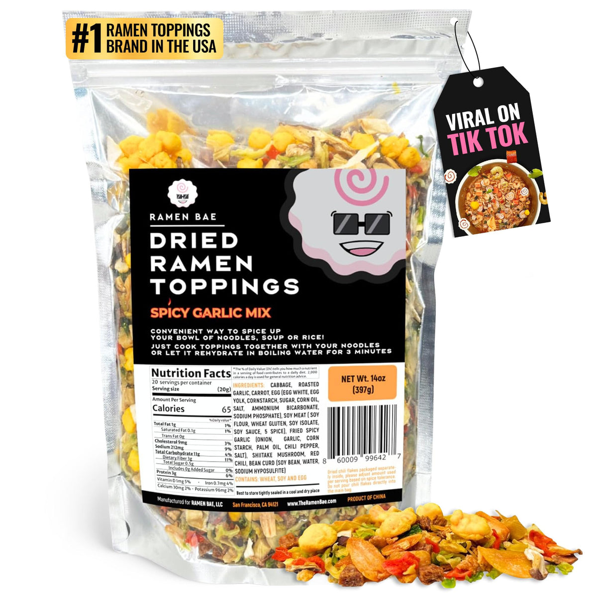 Ramen Bae Spicy Garlic Mix: Dried Ramen Toppings for Flavorful Bowls (Up To 20 Servings)