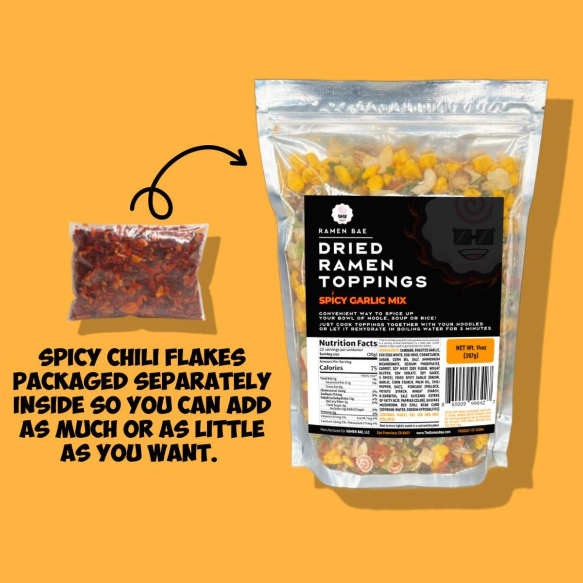 Ramen Bae Spicy Garlic Mix: Dried Ramen Toppings for Flavorful Bowls (Up To 20 Servings)