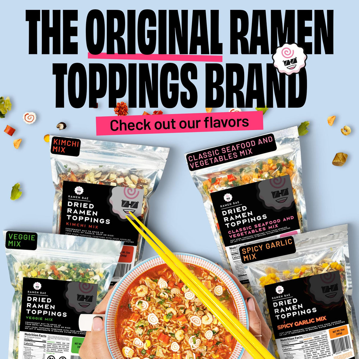 Ramen Bae Spicy Garlic Mix: Dried Ramen Toppings for Flavorful Bowls (Up To 20 Servings)