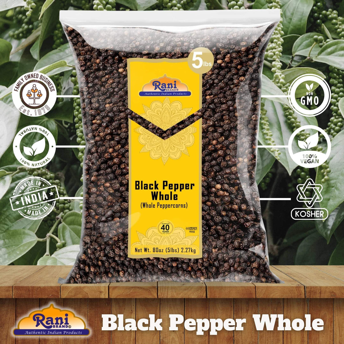 Rani Brand Black Pepper Whole – MG-1 Grade, 80 oz (5 lb) Bulk Peppercorns | Kosher, Non-GMO, Gluten-Free, Product of Vietnam