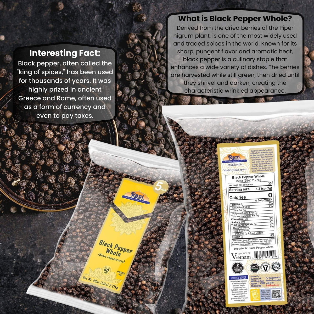 Rani Brand Black Pepper Whole – MG-1 Grade, 80 oz (5 lb) Bulk Peppercorns | Kosher, Non-GMO, Gluten-Free, Product of Vietnam