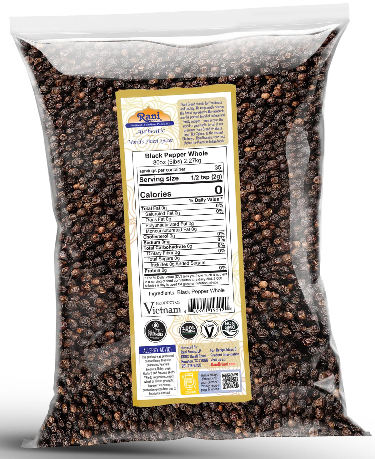 Rani Brand Black Pepper Whole – MG-1 Grade, 80 oz (5 lb) Bulk Peppercorns | Kosher, Non-GMO, Gluten-Free, Product of Vietnam