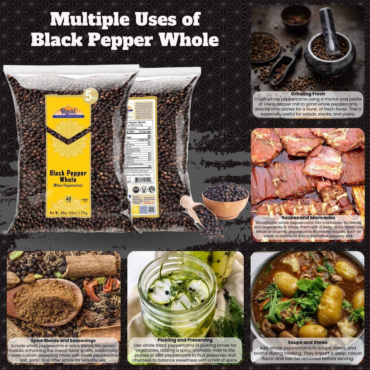 Rani Brand Black Pepper Whole – MG-1 Grade, 80 oz (5 lb) Bulk Peppercorns | Kosher, Non-GMO, Gluten-Free, Product of Vietnam