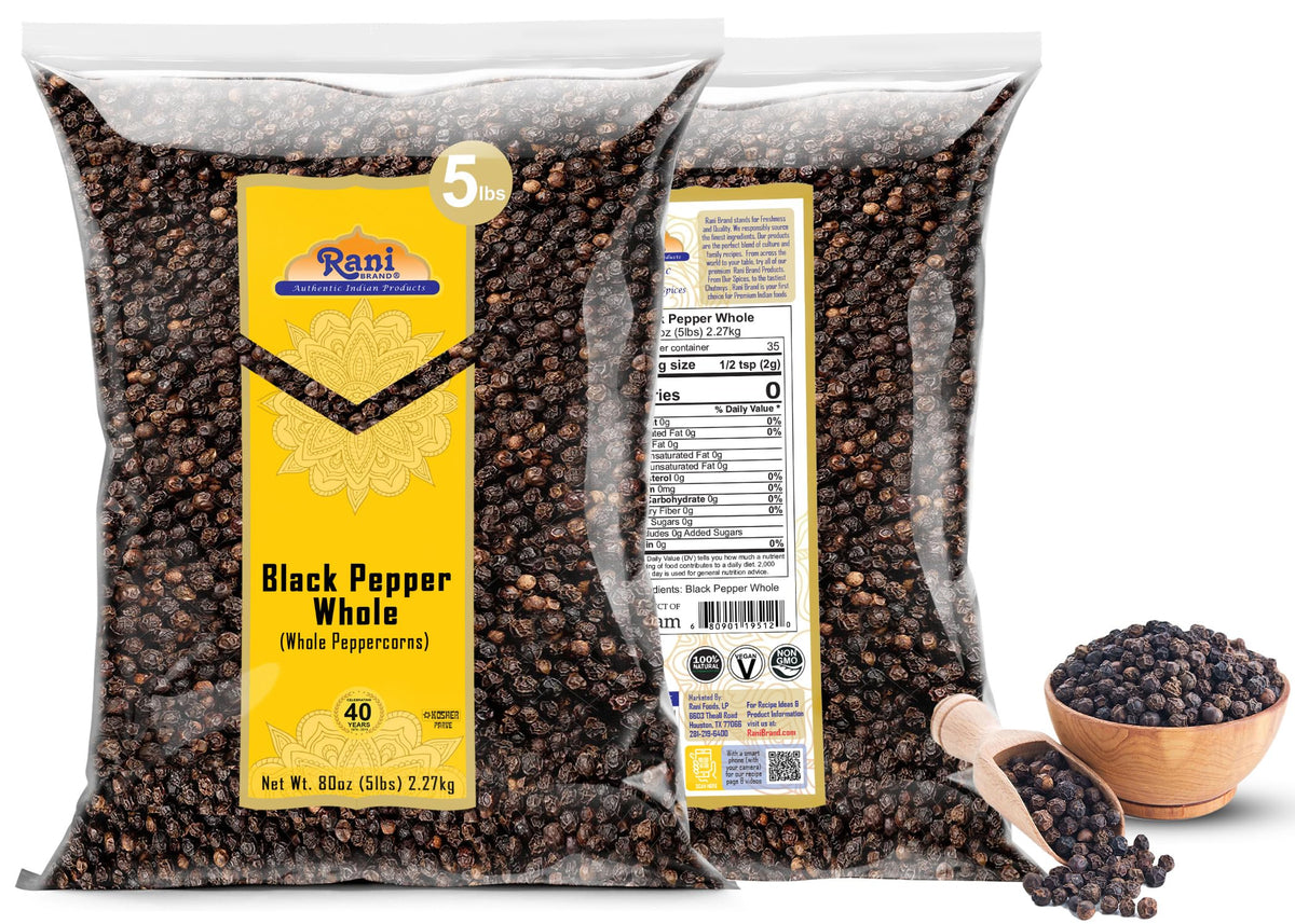 Rani Brand Black Pepper Whole – MG-1 Grade, 80 oz (5 lb) Bulk Peppercorns | Kosher, Non-GMO, Gluten-Free, Product of Vietnam