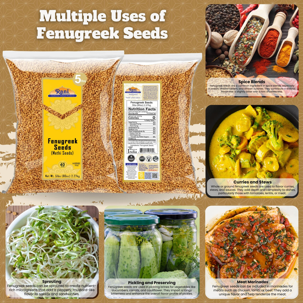 Rani Brand Fenugreek Seeds (Methi) – 80oz Bulk Whole Seeds | All Natural, Kosher, Non-GMO, Indian Origin