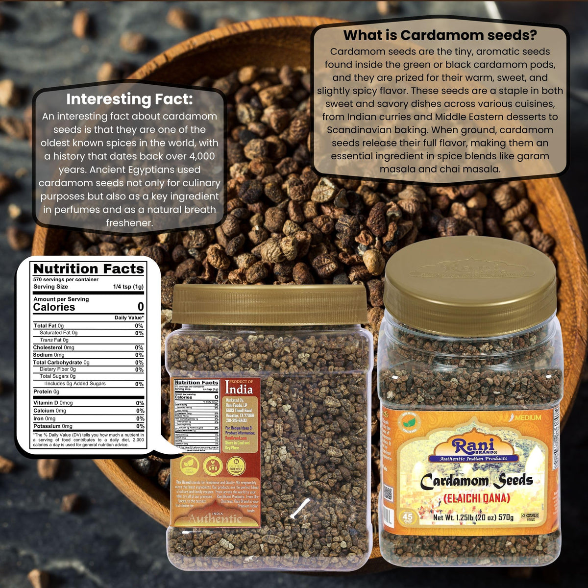 Rani Cardamom Decorticated Seeds (Elachi) – 20oz Jar | Authentic Indian Spice, Non-GMO, Kosher, Vegan