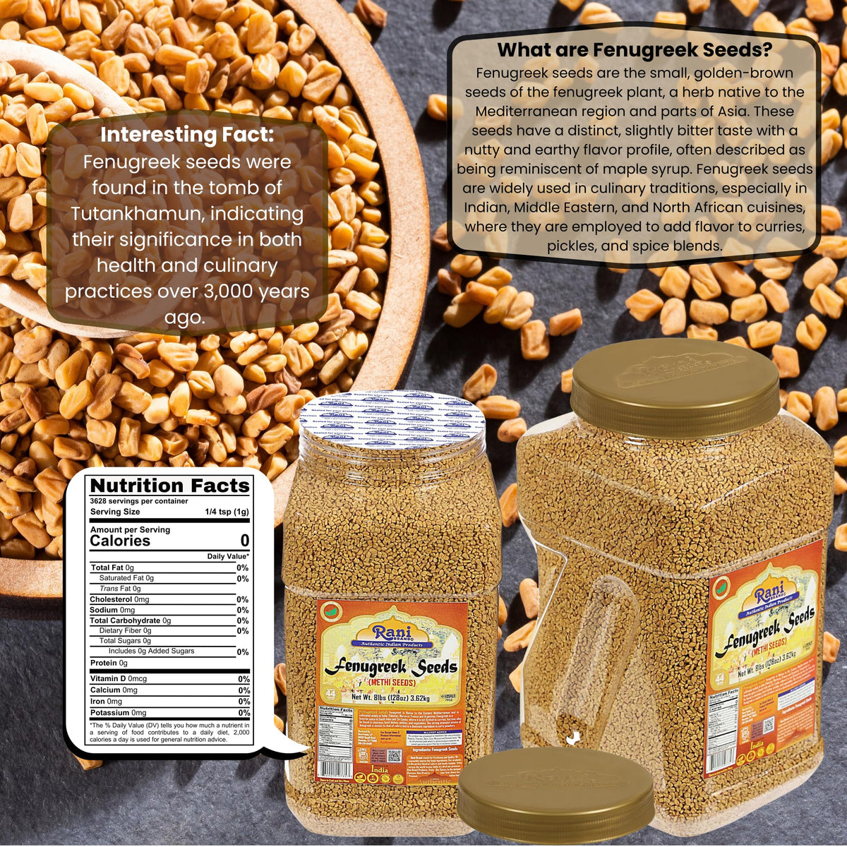 Rani Fenugreek Seeds (Methi) – Whole 128oz Bulk Jar | All Natural, Non-GMO, Vegan, Indian Origin