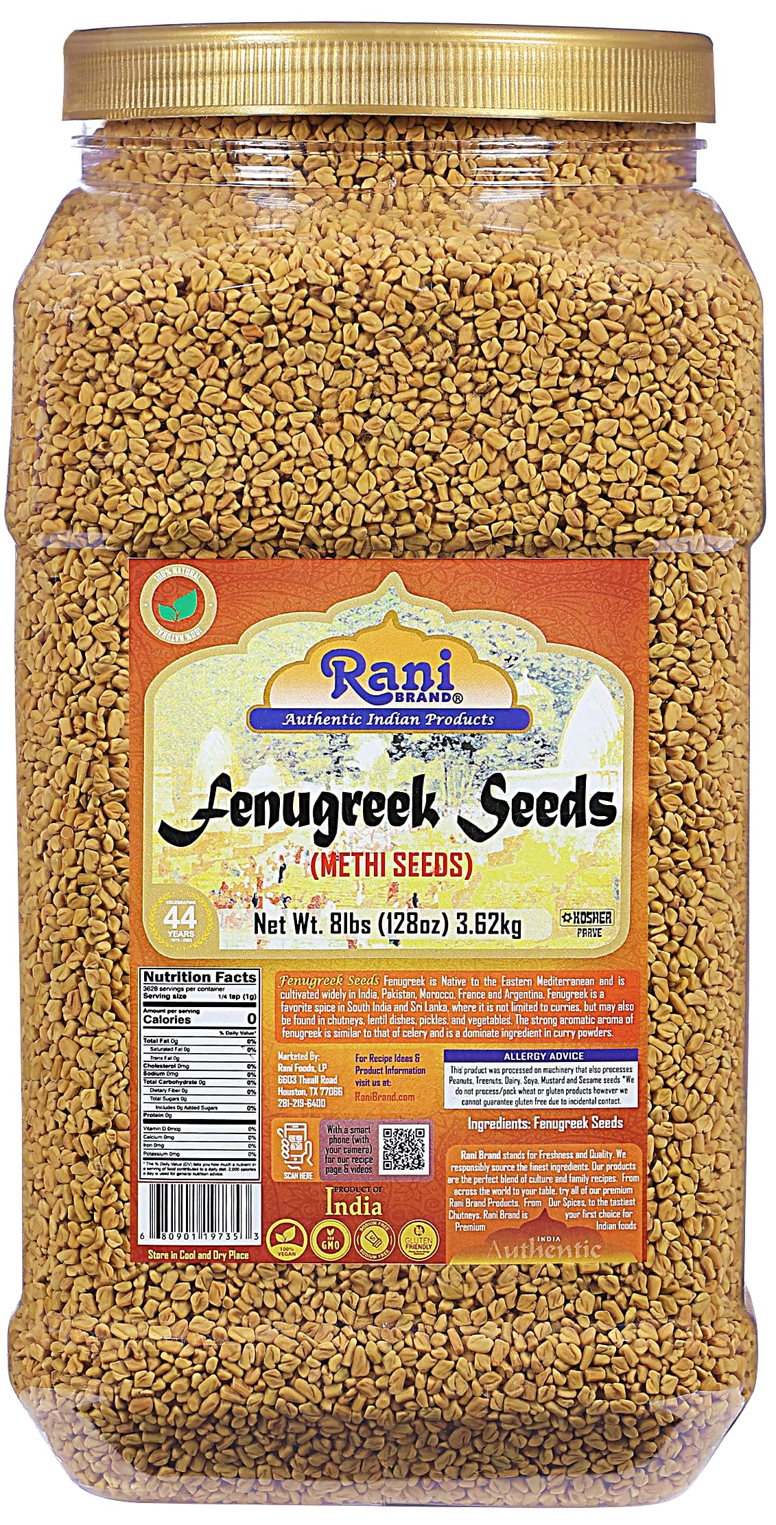 Rani Fenugreek Seeds (Methi) – Whole 128oz Bulk Jar | All Natural, Non-GMO, Vegan, Indian Origin