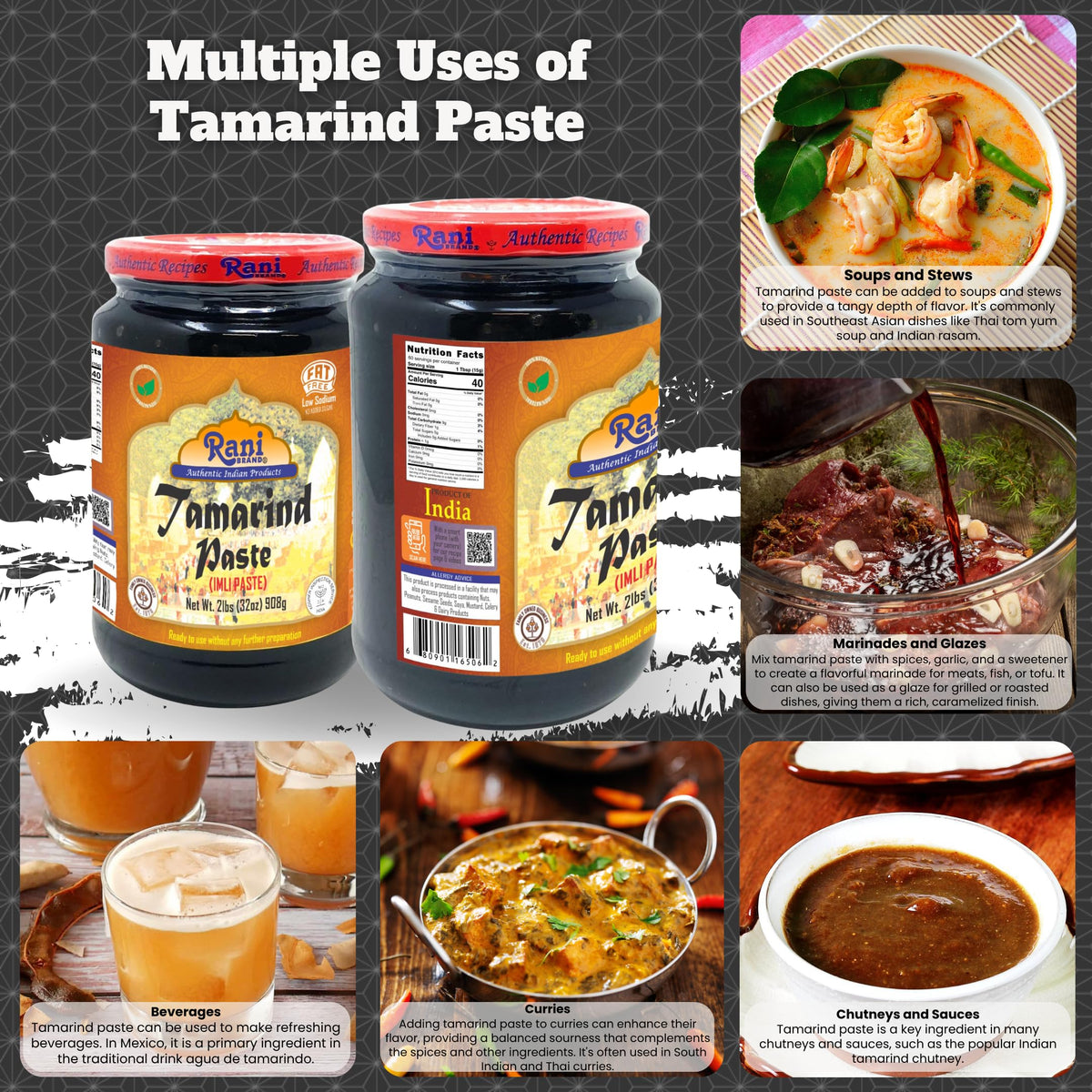 Rani Tamarind Paste Puree (Imli) 32oz Bulk Glass Jar – All Natural, Vegan, Gluten Free | Kosher | NON-GMO | Indian Origin