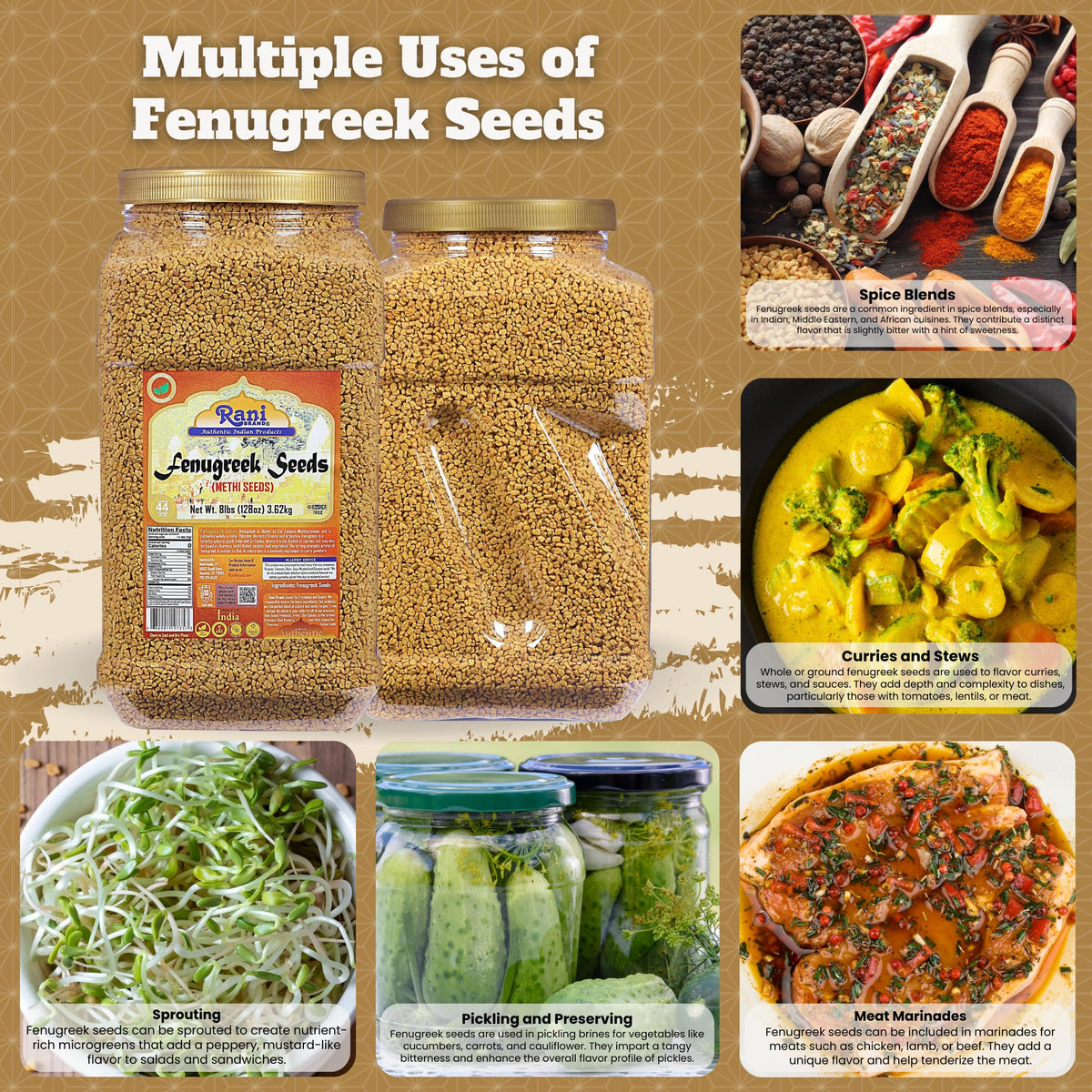 Rani Fenugreek Seeds (Methi) – Whole 128oz Bulk Jar | All Natural, Non-GMO, Vegan, Indian Origin