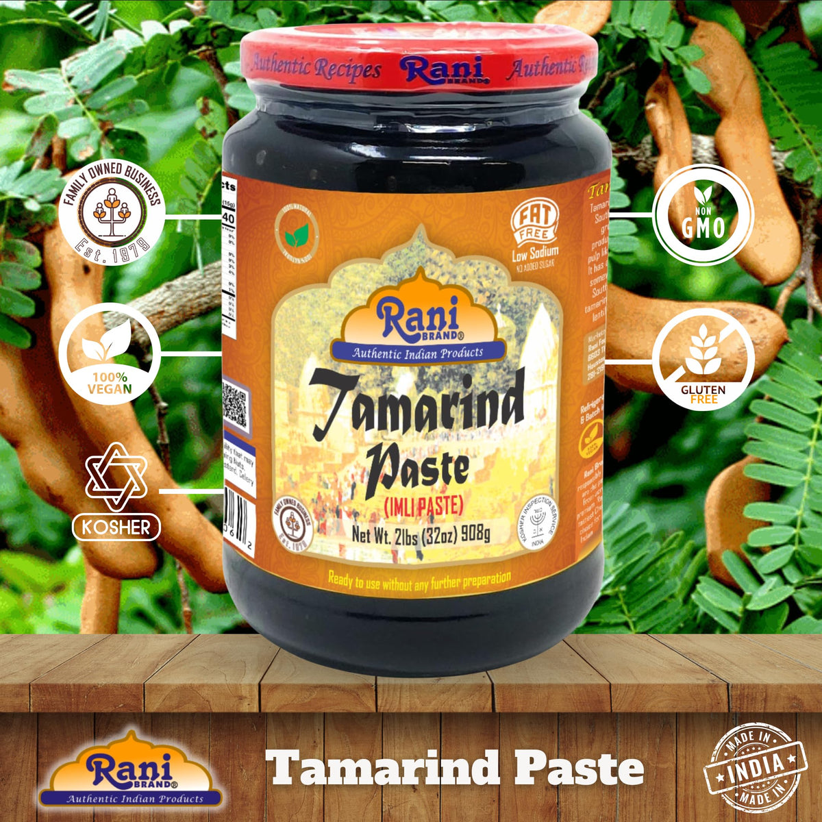 Rani Tamarind Paste Puree (Imli) 32oz Bulk Glass Jar – All Natural, Vegan, Gluten Free | Kosher | NON-GMO | Indian Origin
