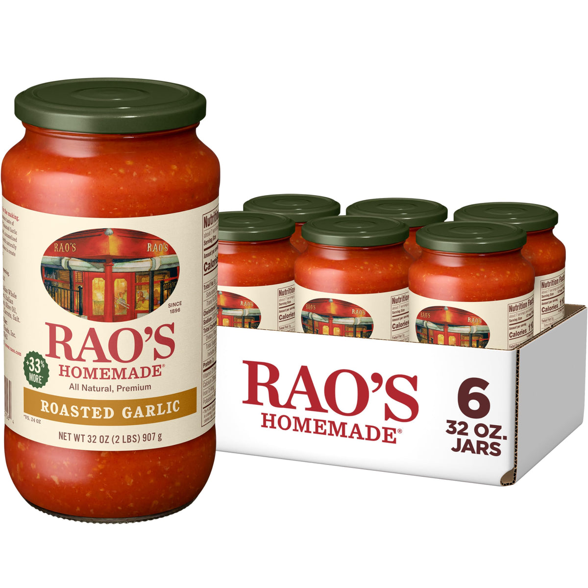 Raos Homemade Roasted Garlic Sauce with Italian Tomatoes — 32 oz (Pack of 6)
