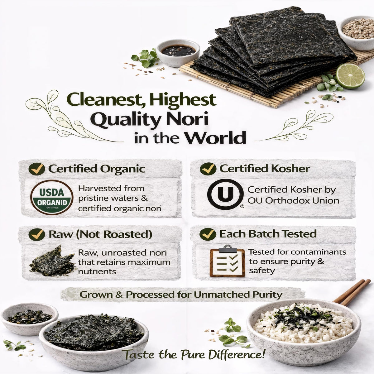 Rawnori Raw Organic Nori Sheets – 100 Sheets Bulk, Vegan, Kosher, Unheated