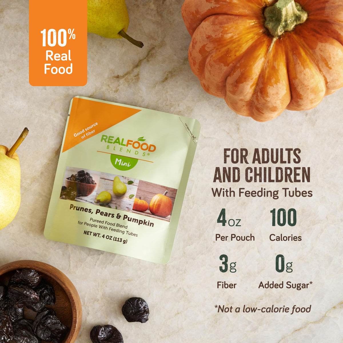 Real Food Blends Mini – Prunes, Pears & Pumpkin Pureed Snack for Tube Feeding, 4 oz Pack of 12