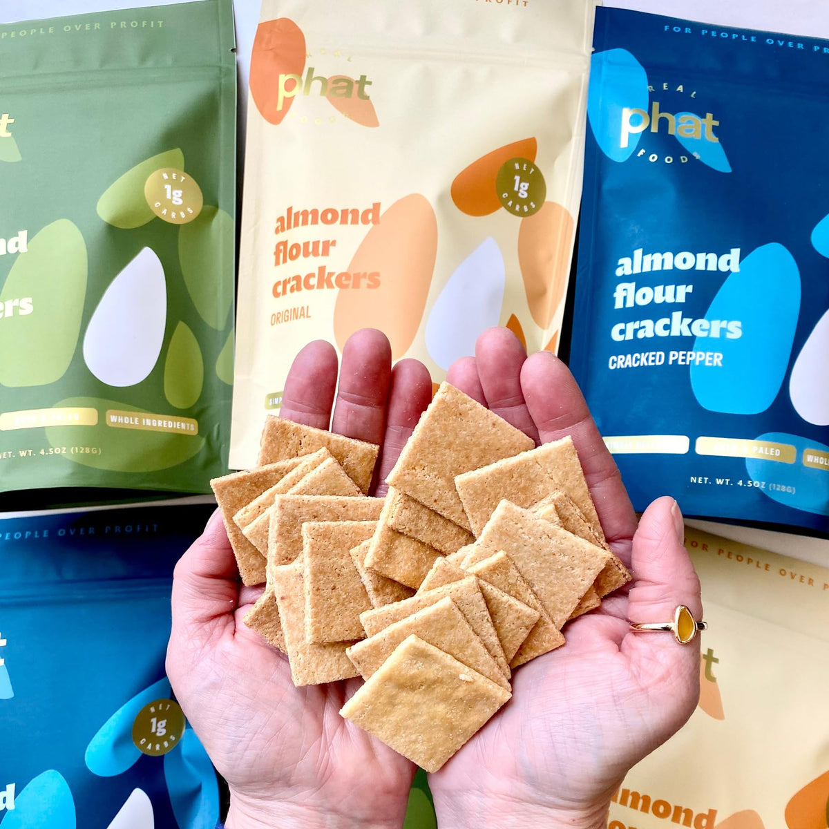 Real Phat Foods Almond Flour Crackers – Low Carb, Gluten-Free Keto Crackers, 3-Pack (Original, Rosemary, Pepper)