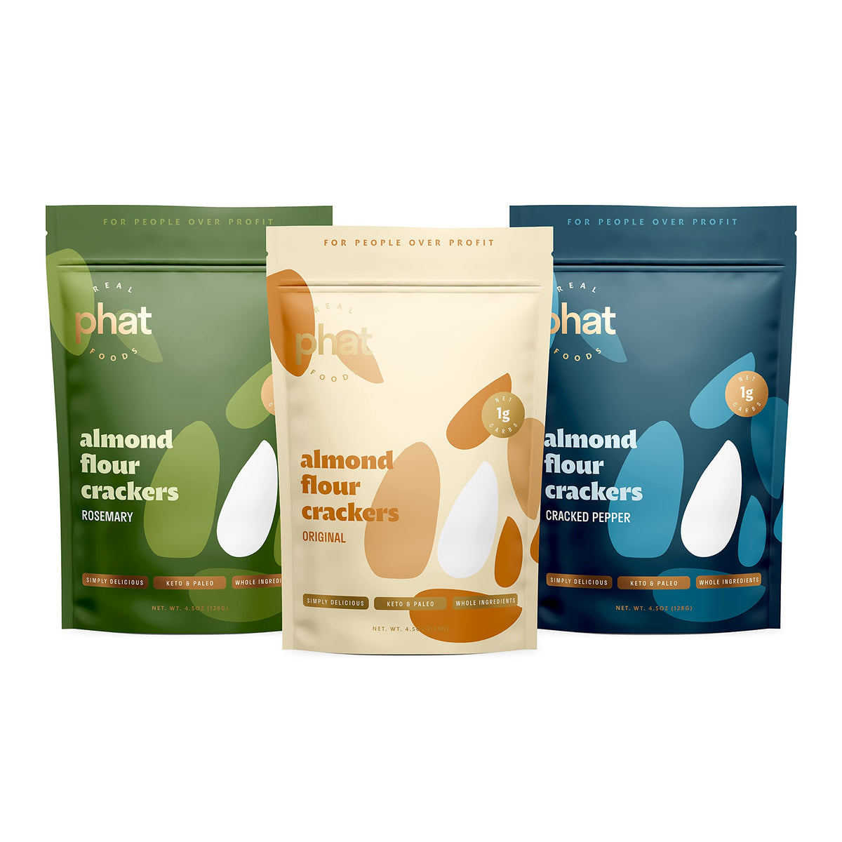 Real Phat Foods Almond Flour Crackers – Low Carb, Gluten-Free Keto Crackers, 3-Pack (Original, Rosemary, Pepper)