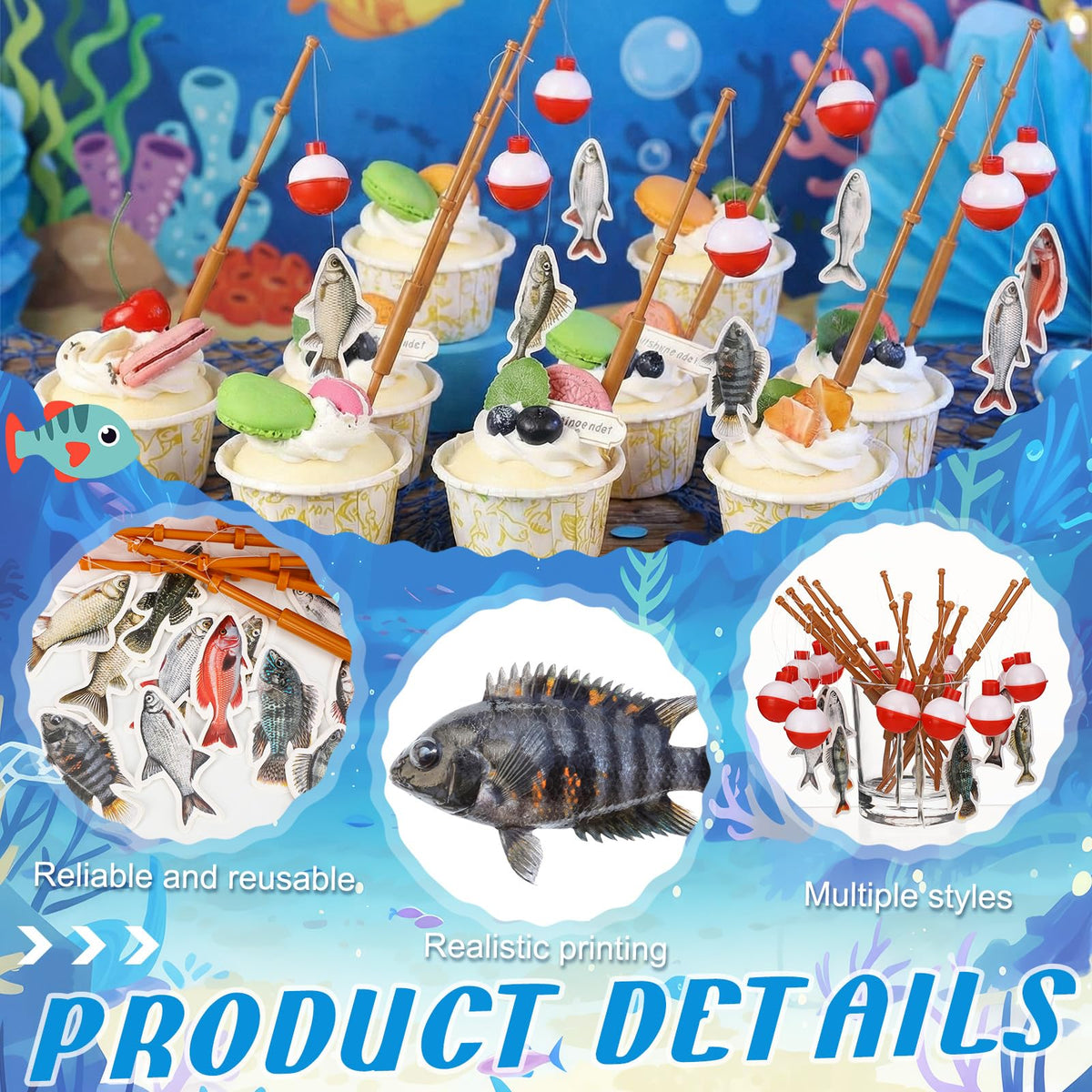 Reallnaive 24 Pcs Fishing Float Cupcake Toppers – 3D Fish Bobber Picks