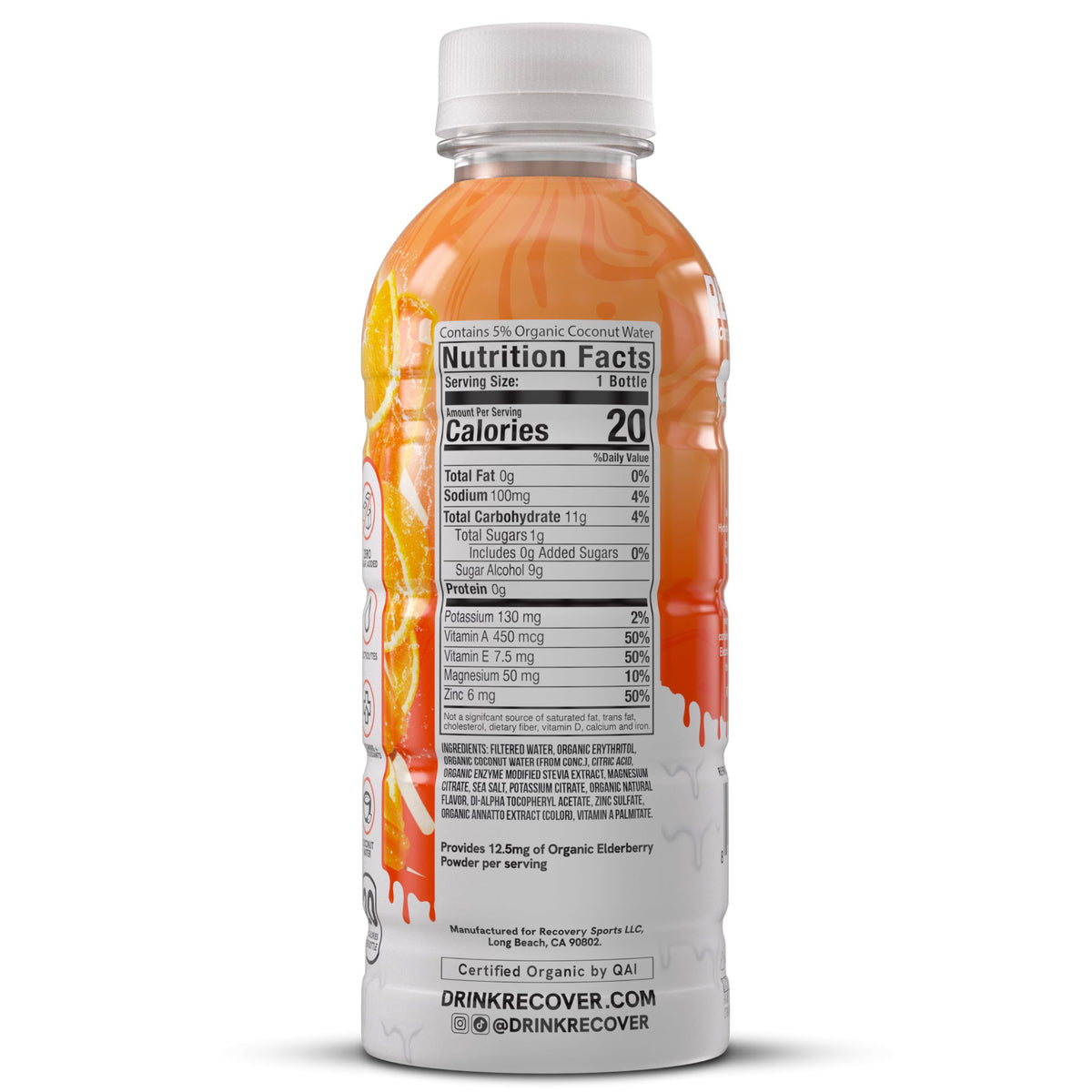 RECOVER 180 Organic Sports Hydration Drink – No Sugar Added, 20 Calories, Potassium-Packed Electrolytes, Orange Cream, 16.9 oz Pack of 12
