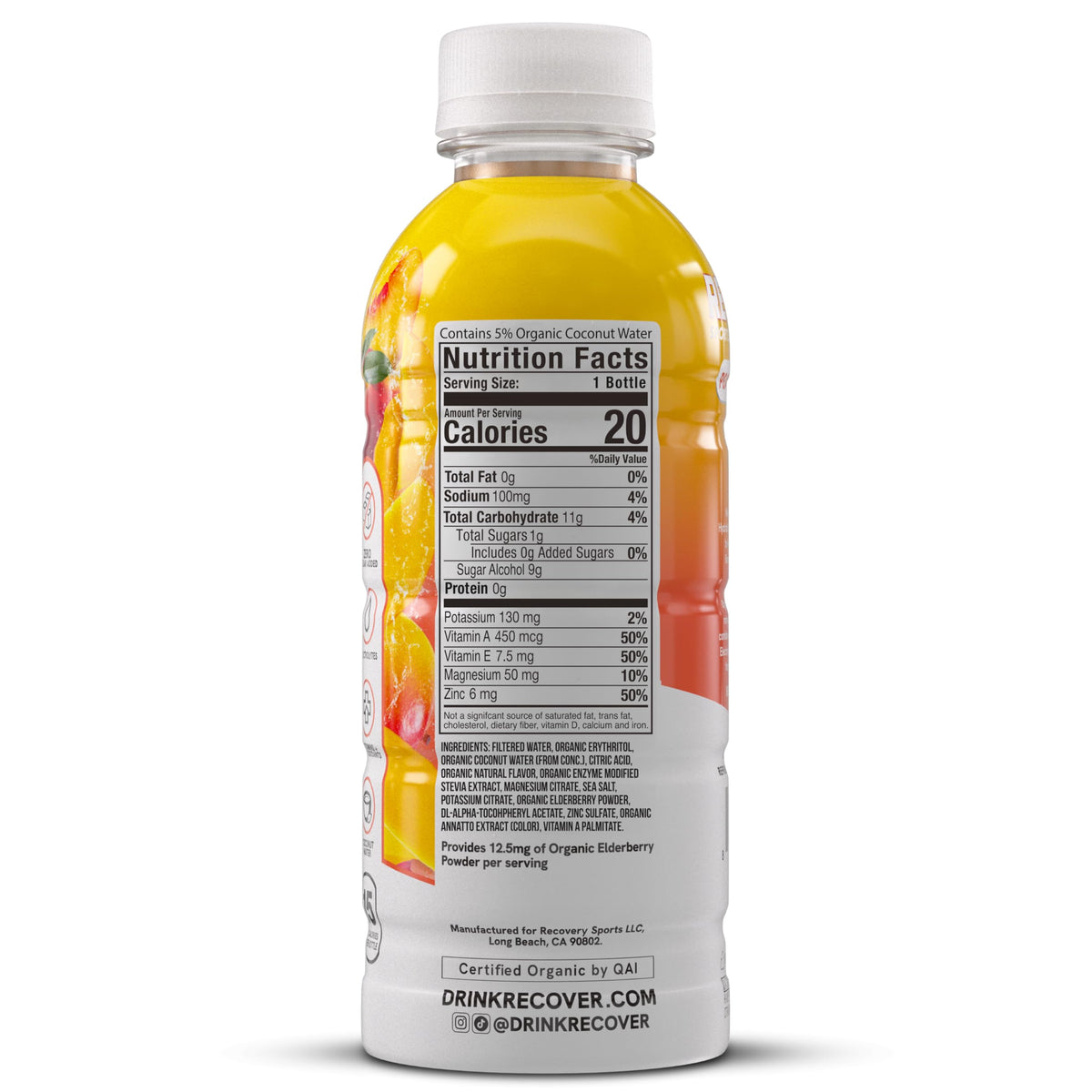 RECOVER 180 Organic Sports Hydration Drink – No Sugar Added, 20 Cal, Peach Mango (Pack of 12)