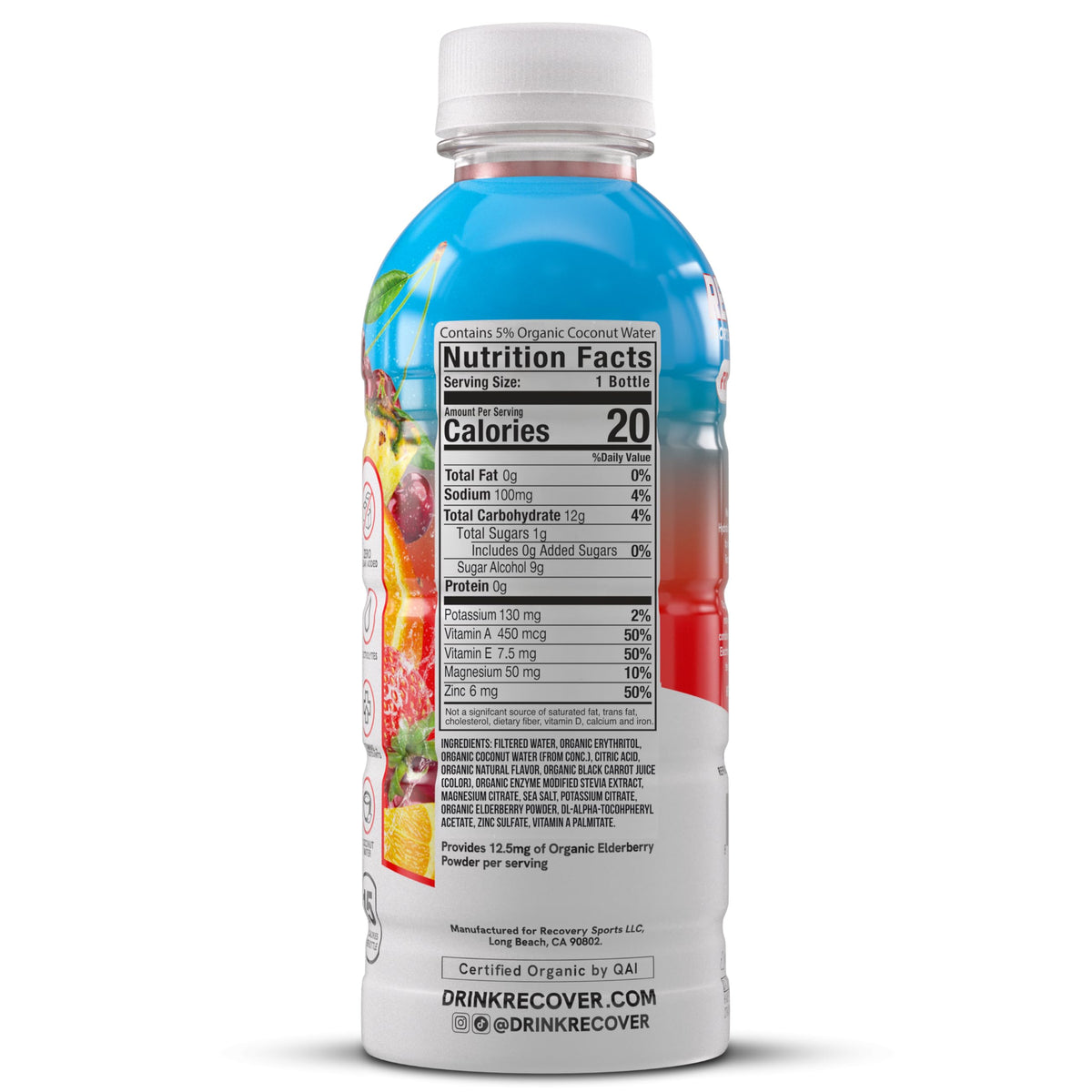RECOVER 180 Organic Sports Hydration Drink – No Sugar Added, 20 Calories, Potassium Electrolytes, Fruit Punch (Pack of 12)