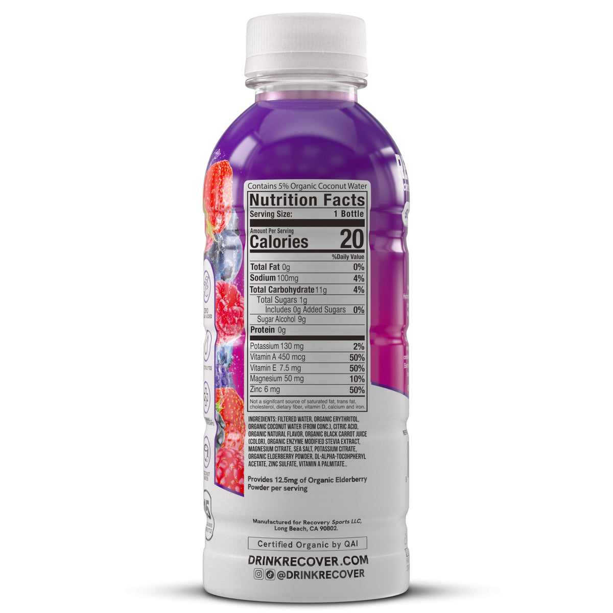 RECOVER 180 Organic Sports Hydration Drink – No Sugar Added, 20 Calories, Potassium Electrolytes, Super Berry (16.9 oz Pack of 12)