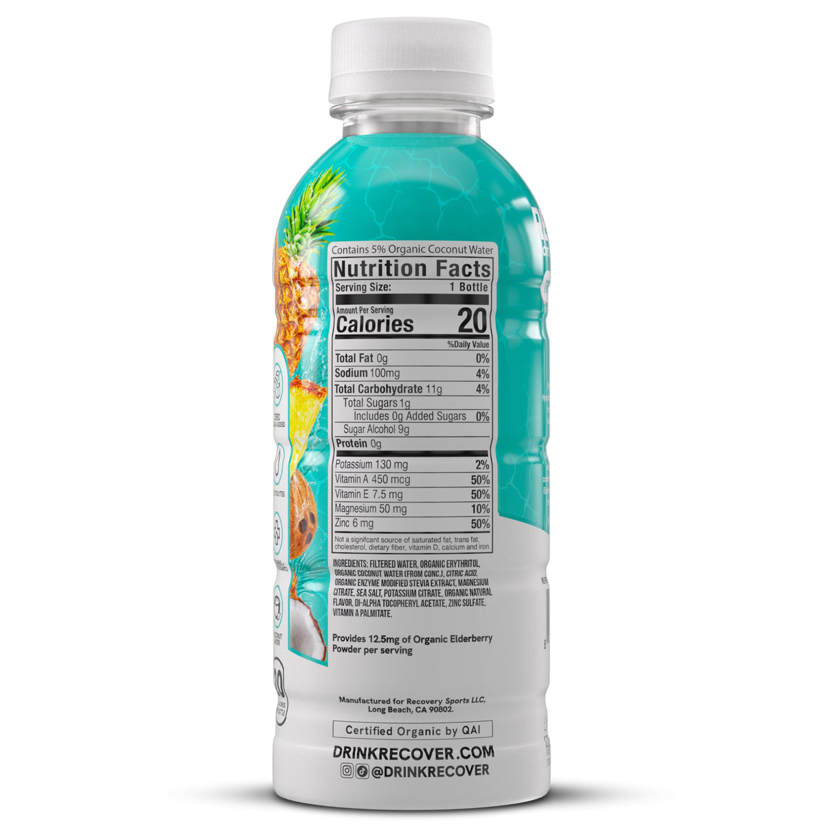 RECOVER 180 Organic Sports Hydration Drink - No Sugar Added, 20 Cal, Potassium Electrolytes, Tropical Ice (Pack of 12)