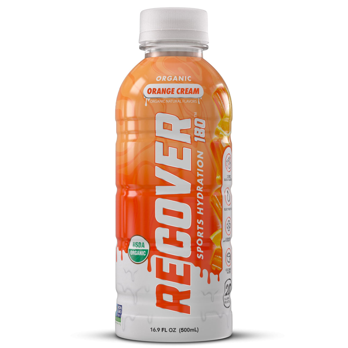 RECOVER 180 Organic Sports Hydration Drink – No Sugar Added, 20 Calories, Potassium-Packed Electrolytes, Orange Cream, 16.9 oz Pack of 12