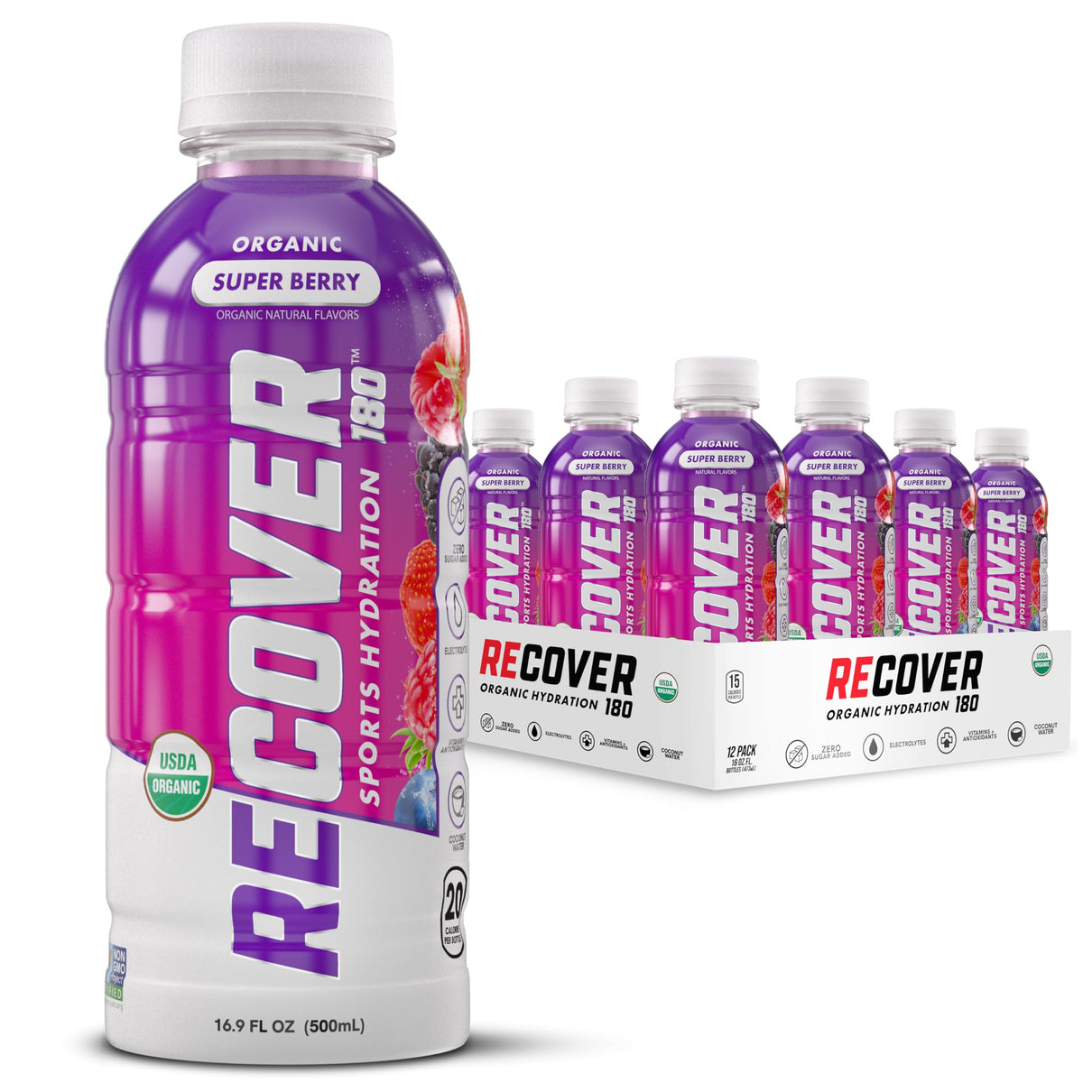 RECOVER 180 Organic Sports Hydration Drink – No Sugar Added, 20 Calories, Potassium Electrolytes, Super Berry (16.9 oz Pack of 12)