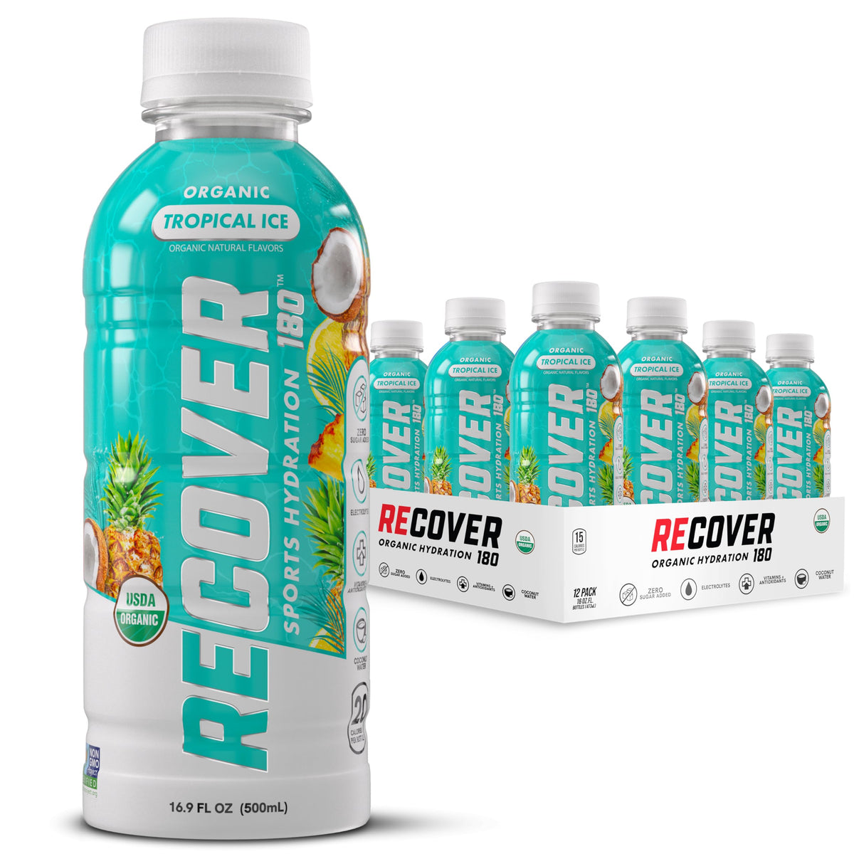 RECOVER 180 Organic Sports Hydration Drink - No Sugar Added, 20 Cal, Potassium Electrolytes, Tropical Ice (Pack of 12)