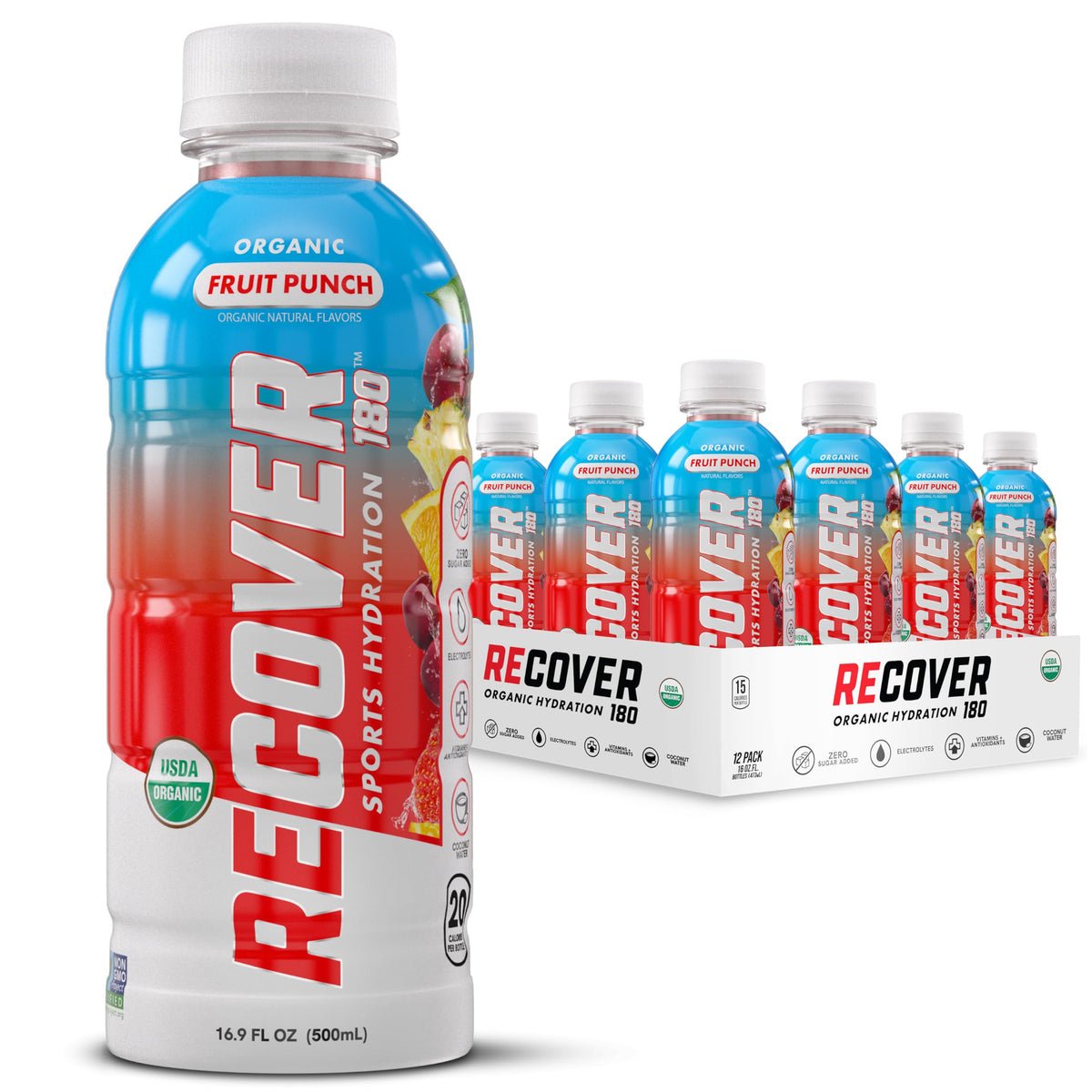 RECOVER 180 Organic Sports Hydration Drink – No Sugar Added, 20 Calories, Potassium Electrolytes, Fruit Punch (Pack of 12)
